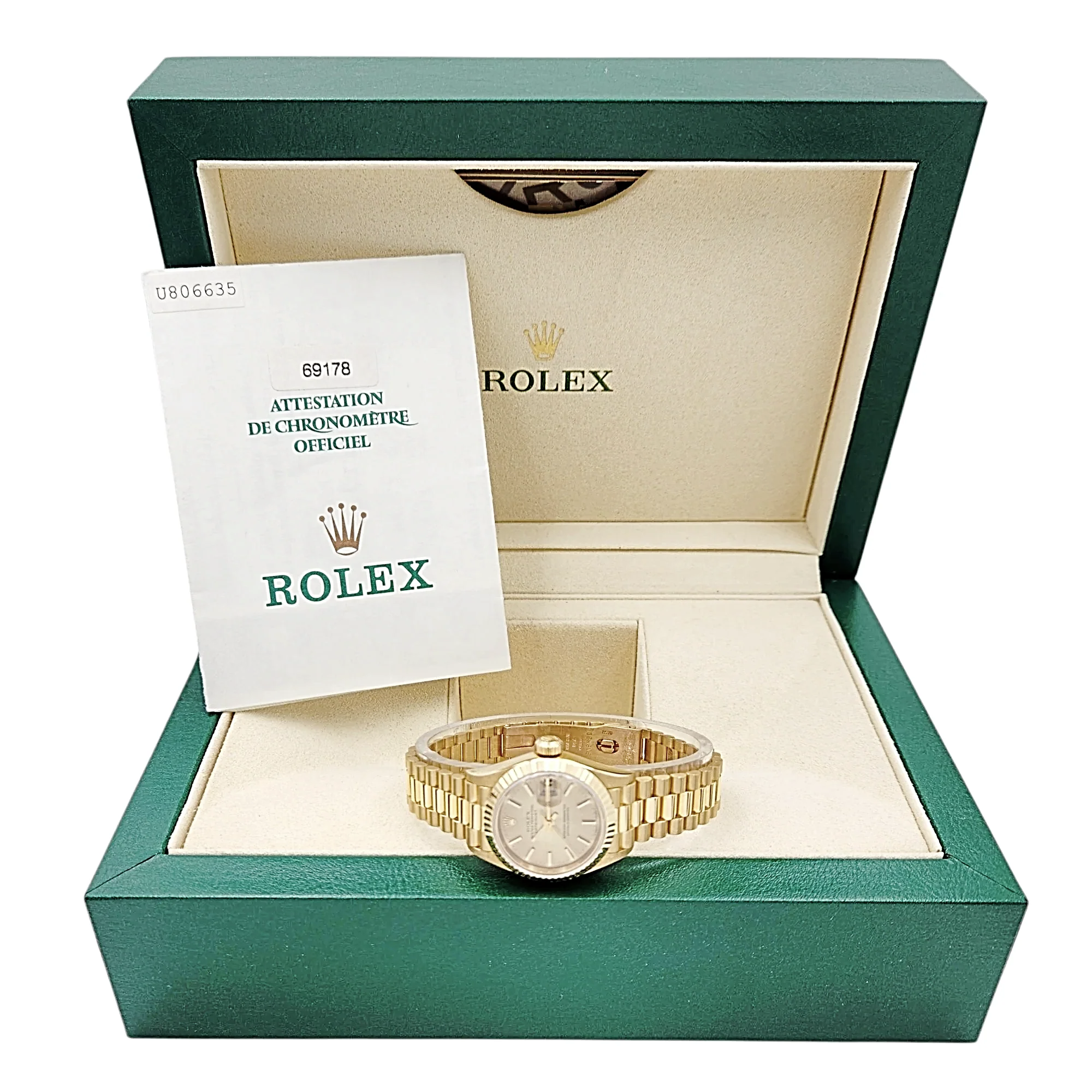 Ladies Rolex 26mm Presidential 18K Solid Yellow Gold Watch with Champagne Dial and Fluted Bezel. (UNWORN 69178)