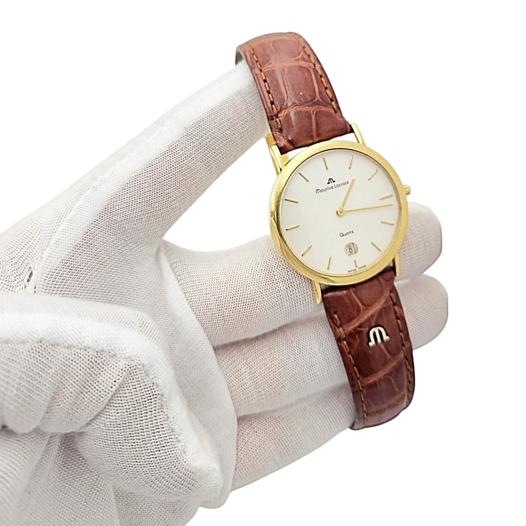 Men's Maurice Lacroix 34mm Vintage 18K Yellow Gold Case Watch with Brown Leather and White Dial. (Pre-Owned 2106)