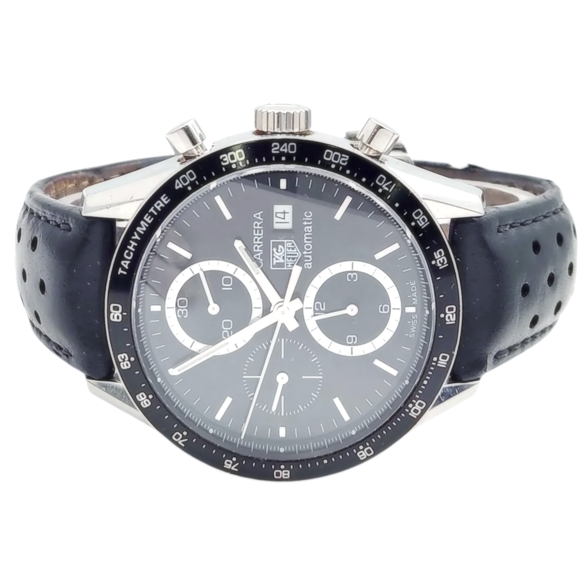 Men's TAG Heuer Carrera 42mm Juan Manuel Fangio Automatic Stainless Steel Watch with Leather Strap and Black Dial. (Pre-Owned)