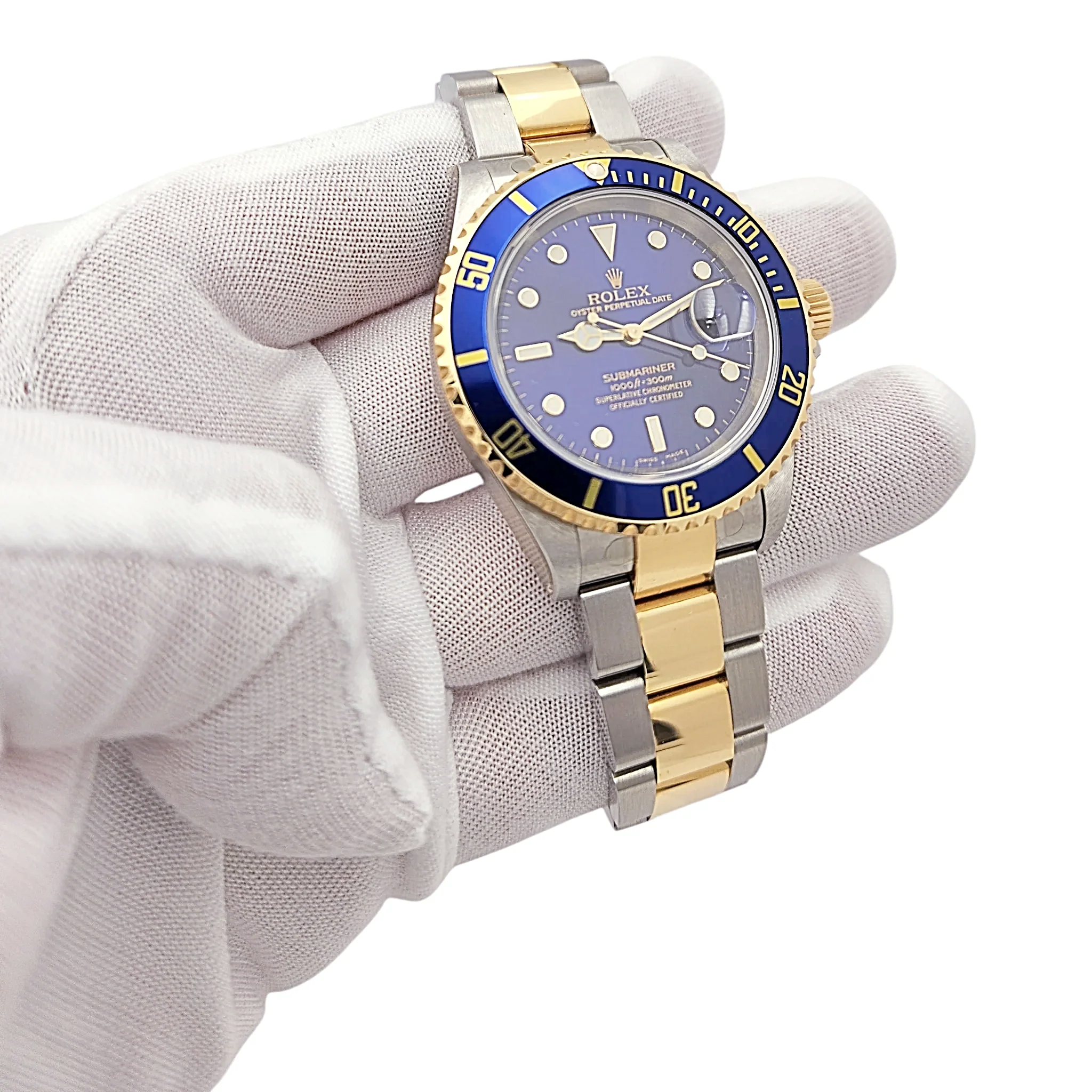 2005 Men's Rolex 40mm Submariner Oyster Perpetual Two Tone 18K Yellow Gold / Stainless Steel Watch with Blue Dial and Blue Bezel. (UNWORN 16613)