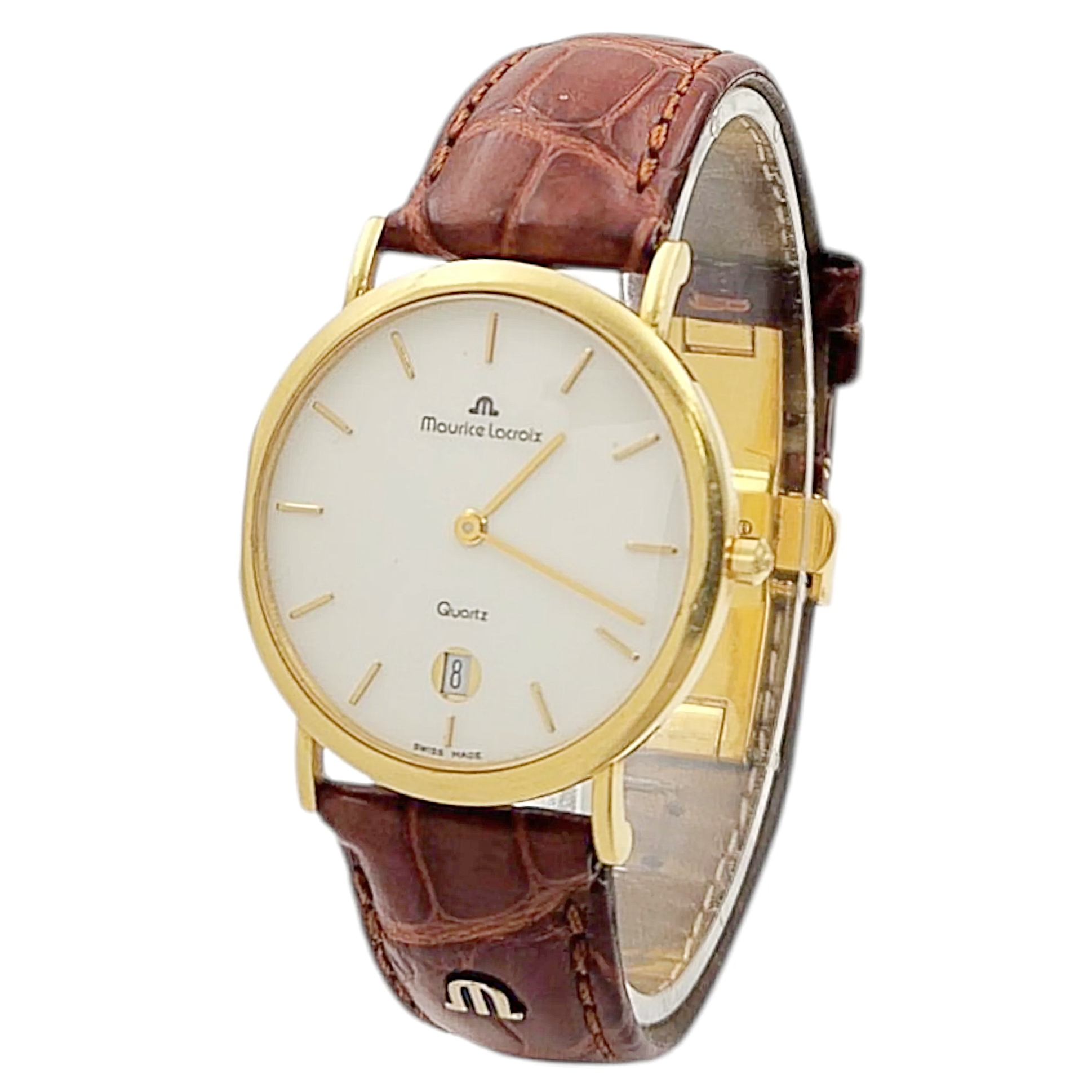 Men's Maurice Lacroix 34mm Vintage 18K Yellow Gold Case Watch with Brown Leather and White Dial. (Pre-Owned 2106)