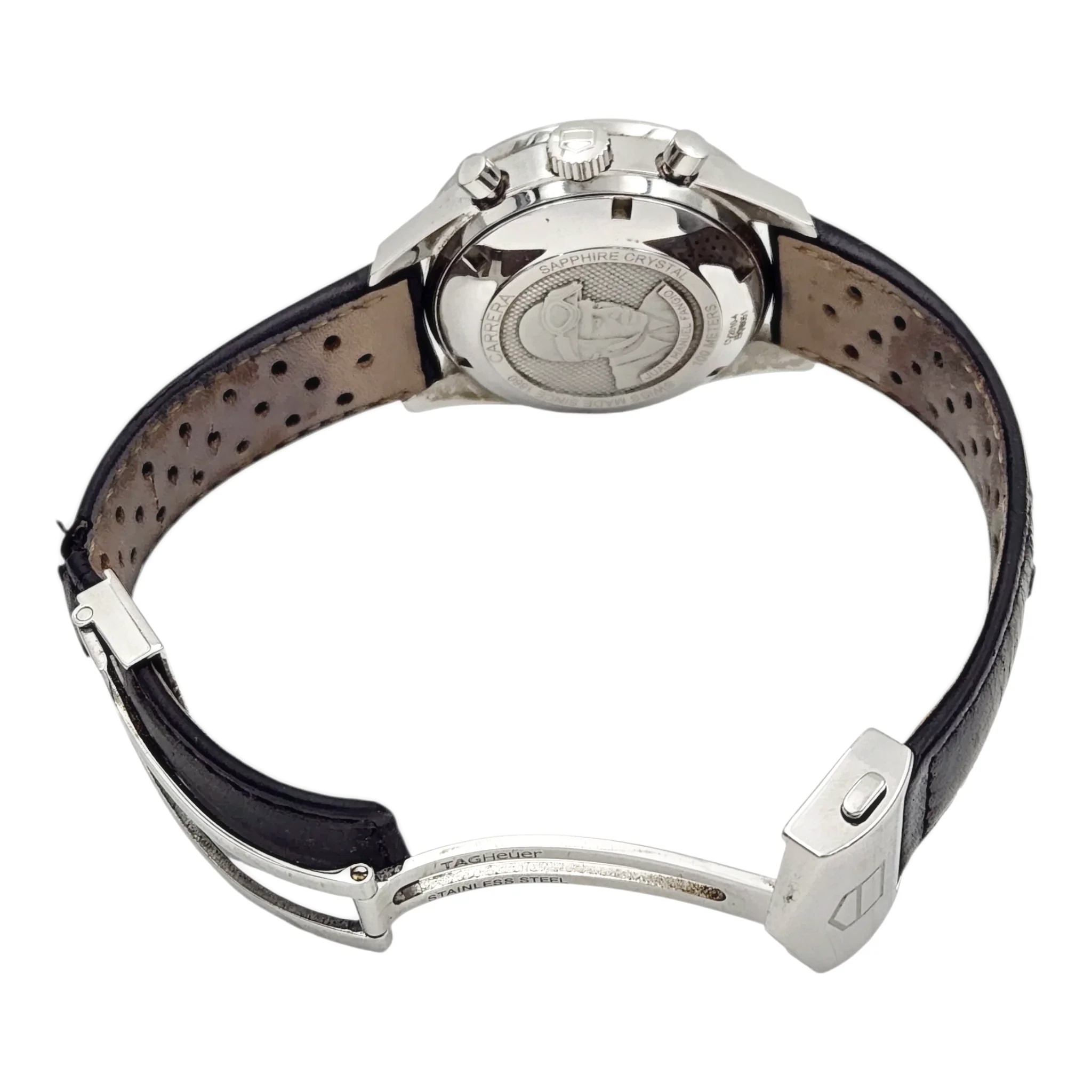 Men's TAG Heuer Carrera 42mm Juan Manuel Fangio Automatic Stainless Steel Watch with Leather Strap and Black Dial. (Pre-Owned)