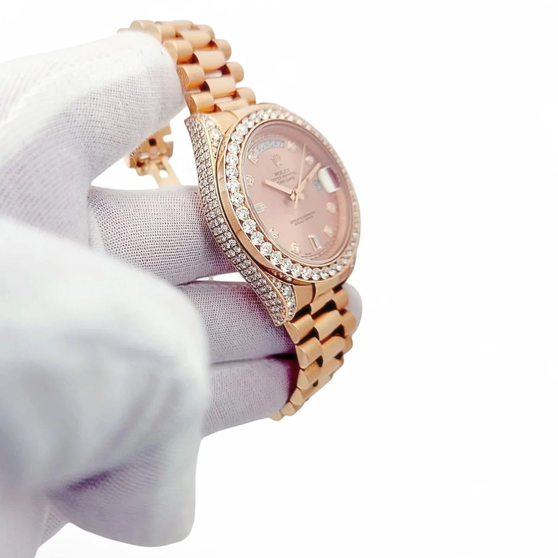 2021 Men's Rolex 41mm Presidential Day-Date II Everose 18K Rose Gold Watch with Diamond Dial and Diamond Bezel. (Pre-Owned 218235)
