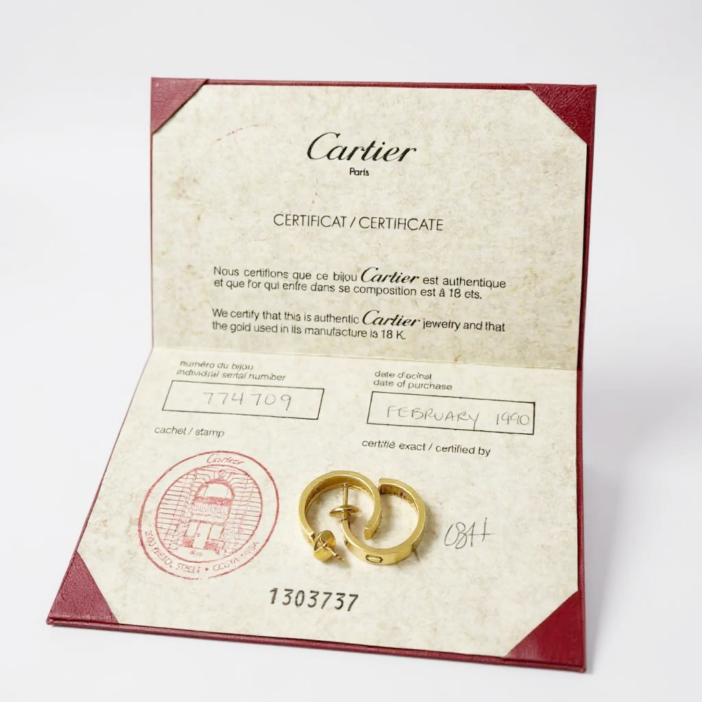 Ladies Cartier 5mm x 20mm Love Hoop Earrings in 18K Yellow Gold - Includes Cartier Certificate. (Pre-Owned)