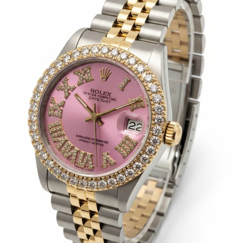 Ladies Rolex Midsize 31mm DateJust Two Tone 18K Yellow Gold / Stainless Steel Watch with Pink Roman Numeral Diamond Dial and Diamond Bezel. (Pre-Owned 68273)