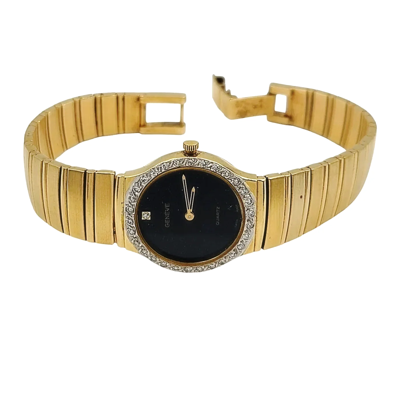 Ladies Geneve 24mm Vintage 14K Yellow Gold Watch with Black Diamond Dial and Diamond Bezel. (Pre-Owned)