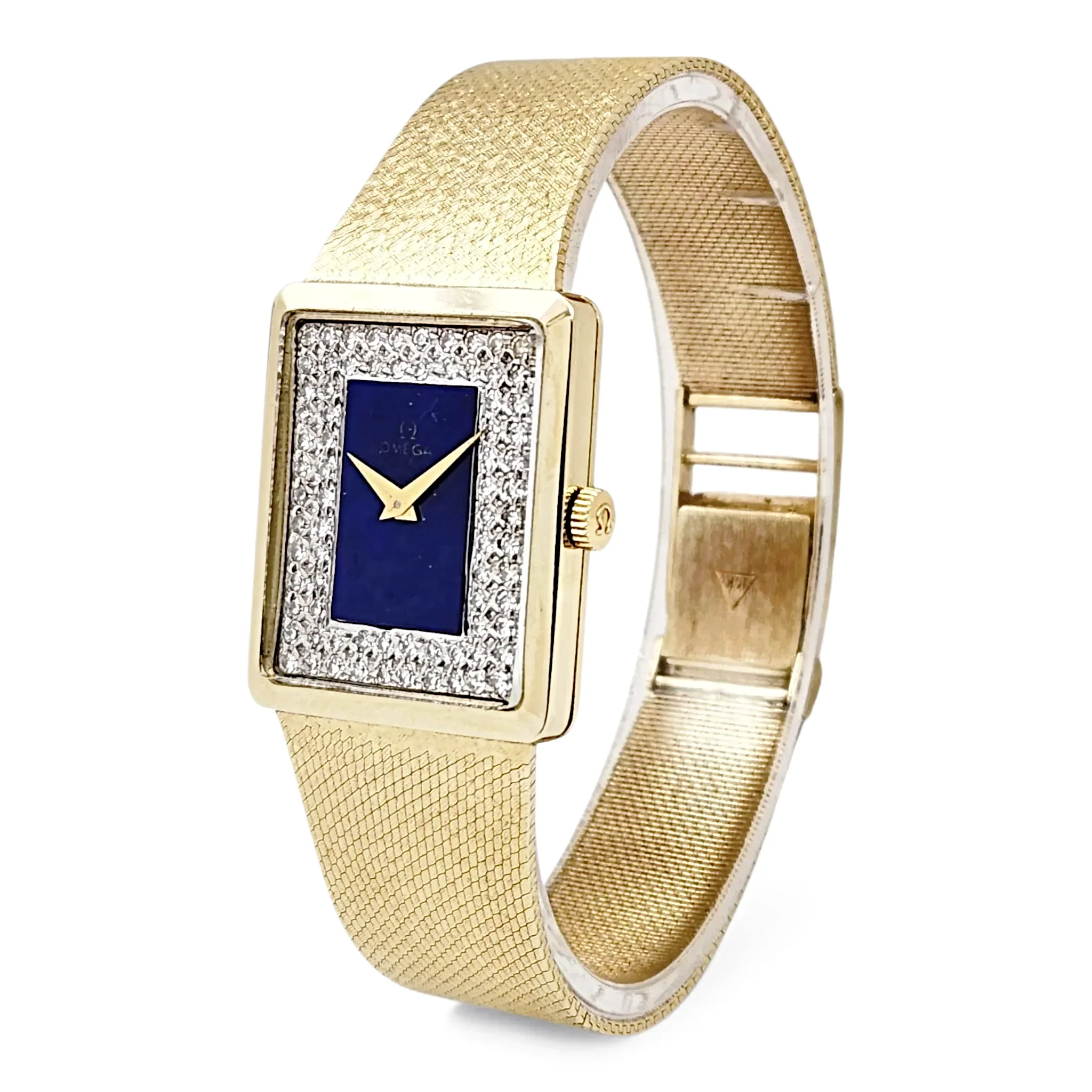 Unisex Omega Vintage 14K Yellow Gold Watch with Diamond Blue Texture and Dial. (Pre-Owned)