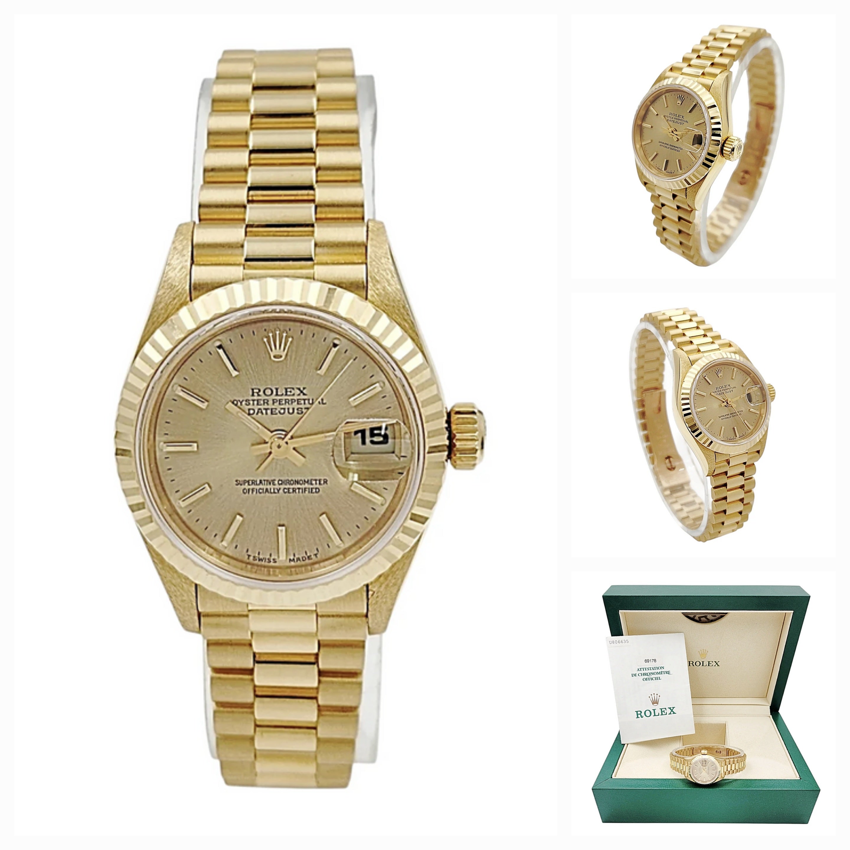 Ladies Rolex 26mm Presidential 18K Solid Yellow Gold Watch with Champagne Dial and Fluted Bezel. (UNWORN 69178)