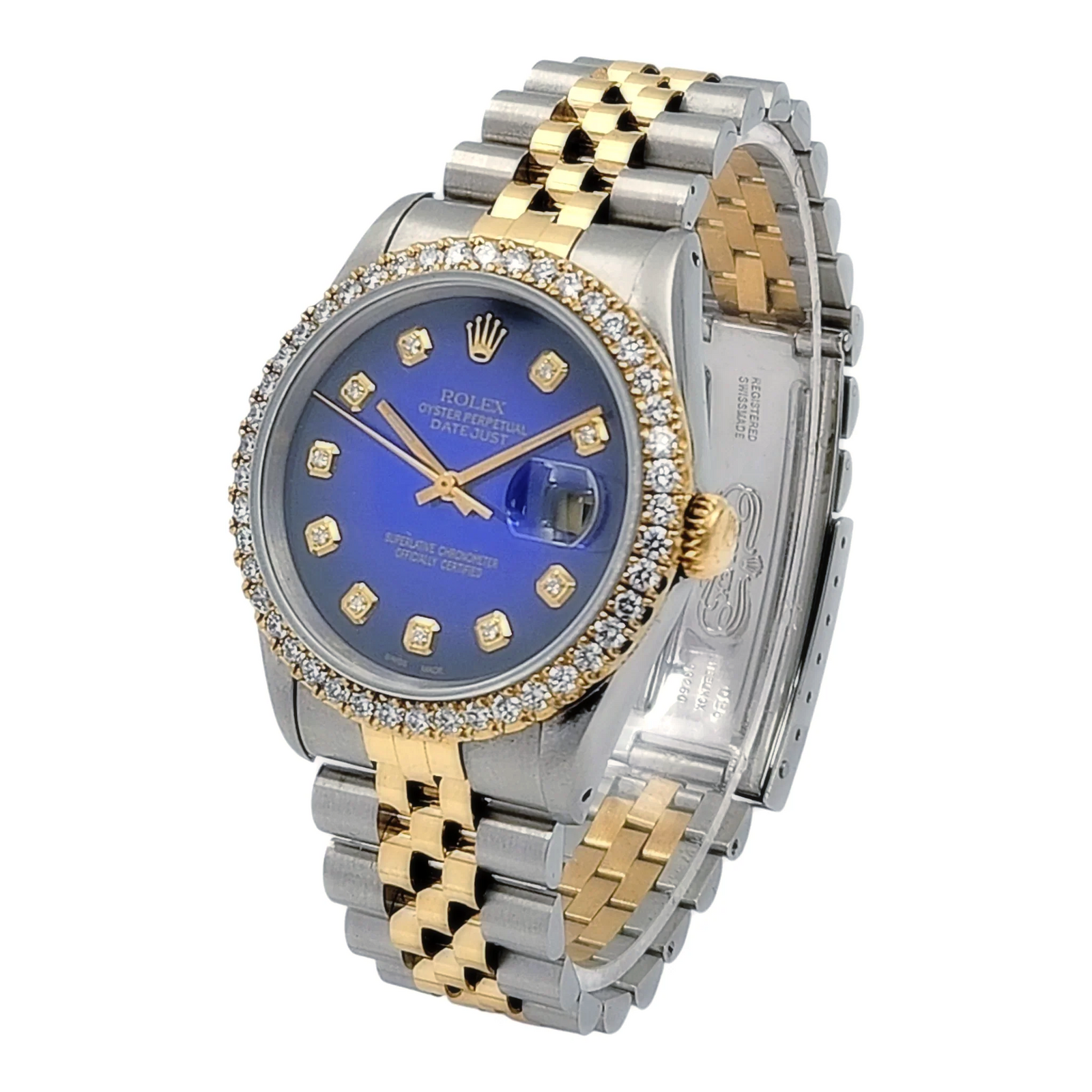 Men's Rolex 36mm DateJust Two Tone 18K Yellow Gold / Stainless Steel Watch with Blue Diamond Dial and Diamond Bezel. (Pre-Owned 16233)