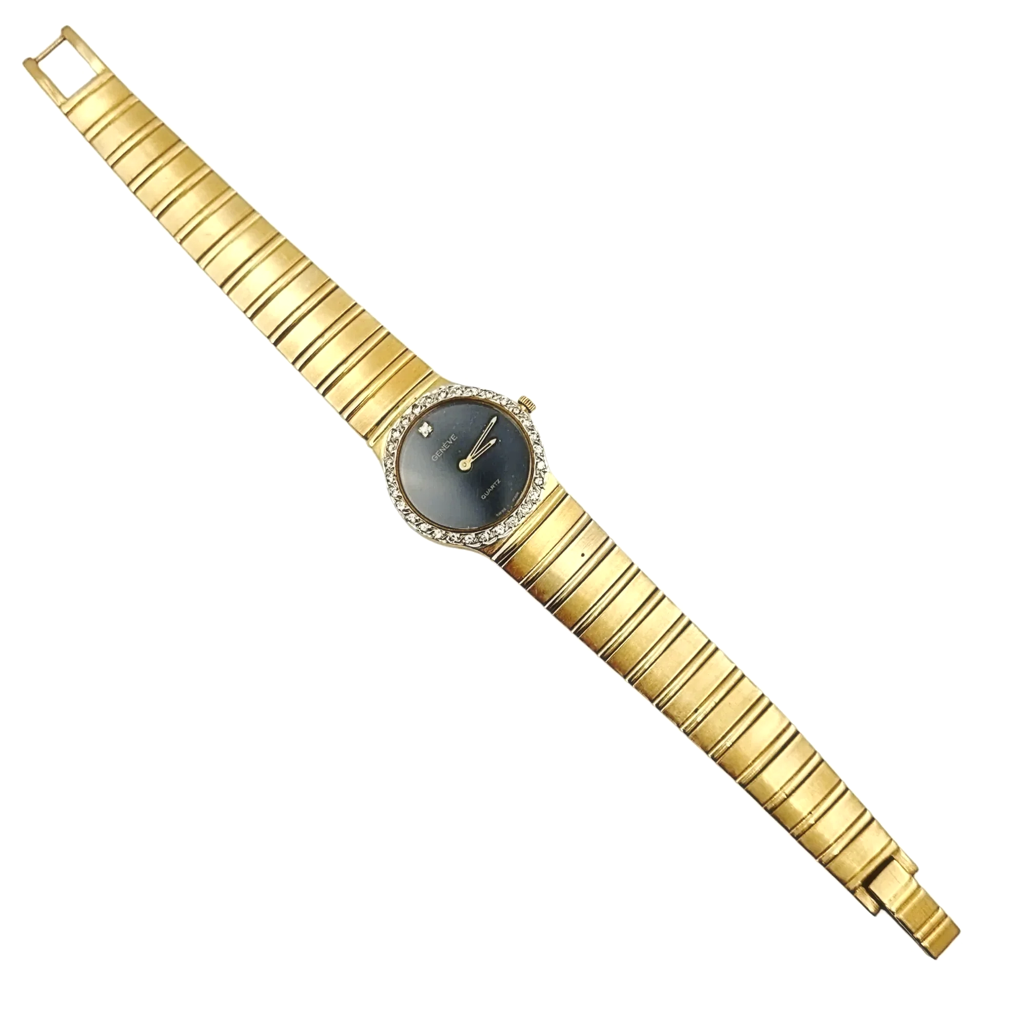 Ladies Geneve 24mm Vintage 14K Yellow Gold Watch with Black Diamond Dial and Diamond Bezel. (Pre-Owned)