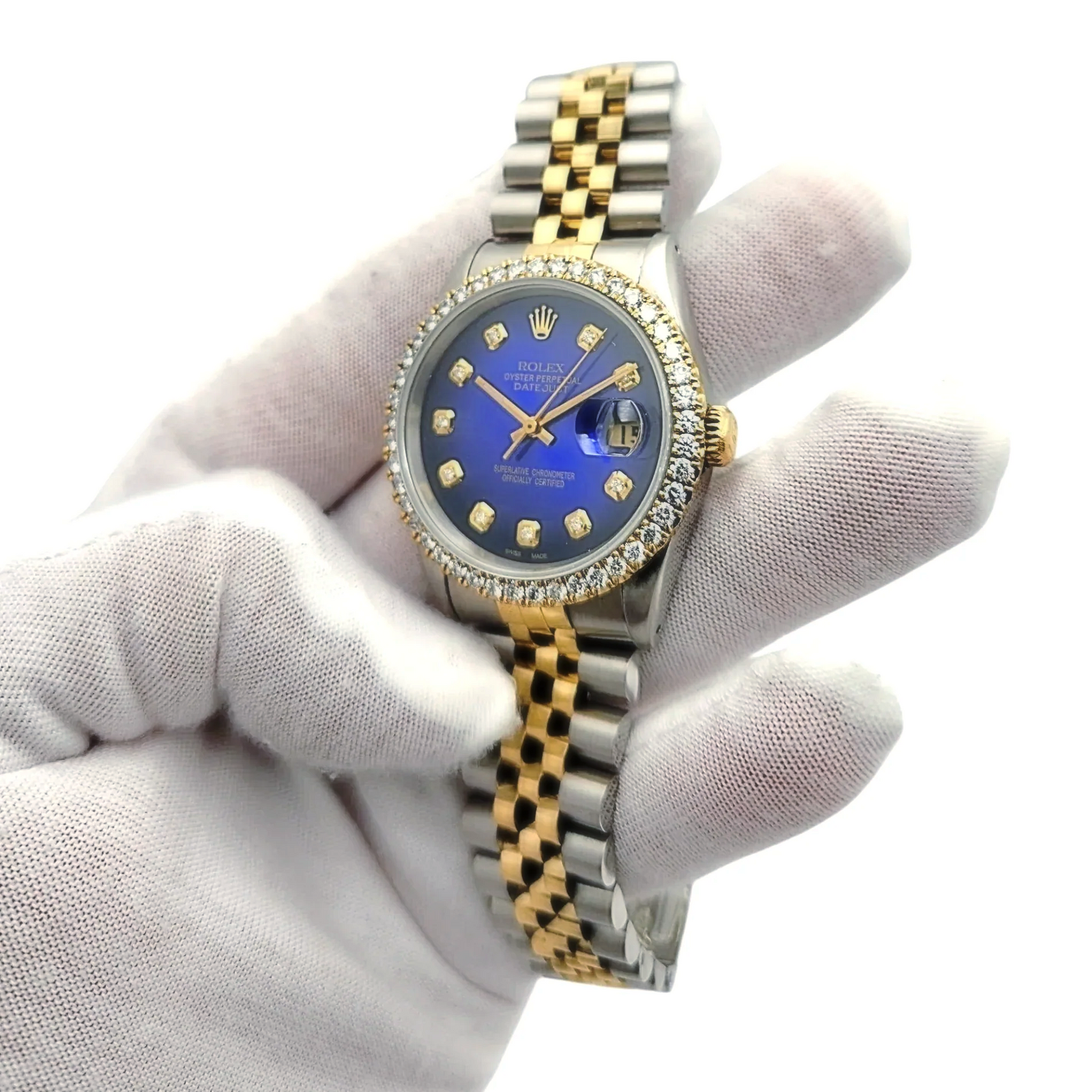 Men's Rolex 36mm DateJust Two Tone 18K Yellow Gold / Stainless Steel Watch with Blue Diamond Dial and Diamond Bezel. (Pre-Owned 16233)