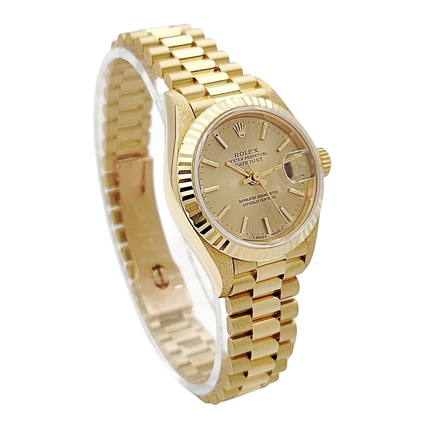 Ladies Rolex 26mm Presidential 18K Solid Yellow Gold Watch with Champagne Dial and Fluted Bezel. (UNWORN 69178)