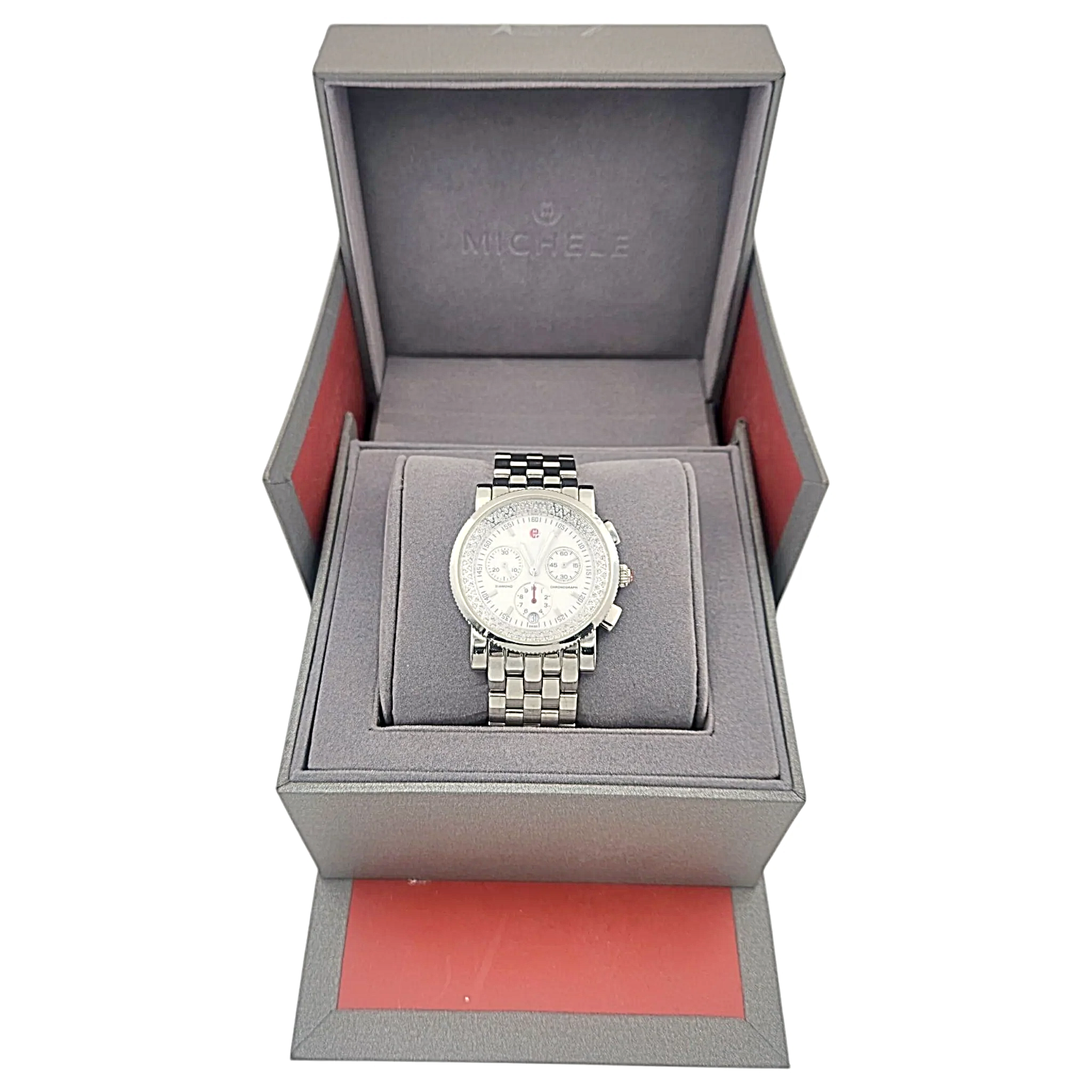 Ladies Michele 38mm Sport Sail Stainless Steel Wristwatch with White Dial & Diamond Inner Bezel. (Pre-Owned)