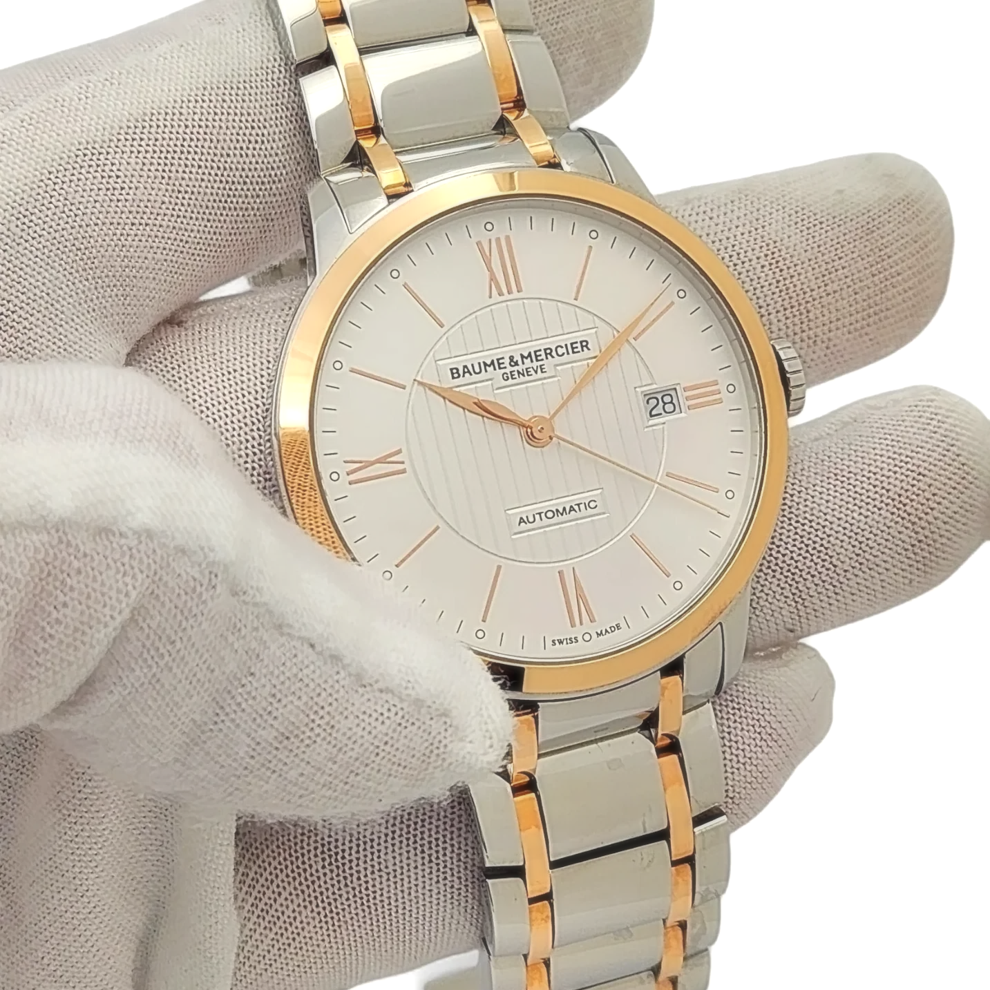 Men's Baume & Mercier 40mm Classima Automatic Electro Plated Rose Gold / Stainless Steel Watch with White Roman Numeral Dial. (Pre-Owned)