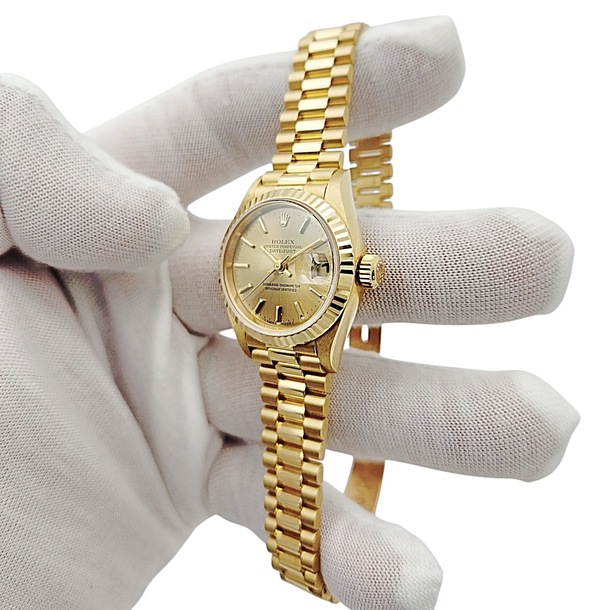 Ladies Rolex 26mm Presidential 18K Solid Yellow Gold Watch with Champagne Dial and Fluted Bezel. (UNWORN 69178)