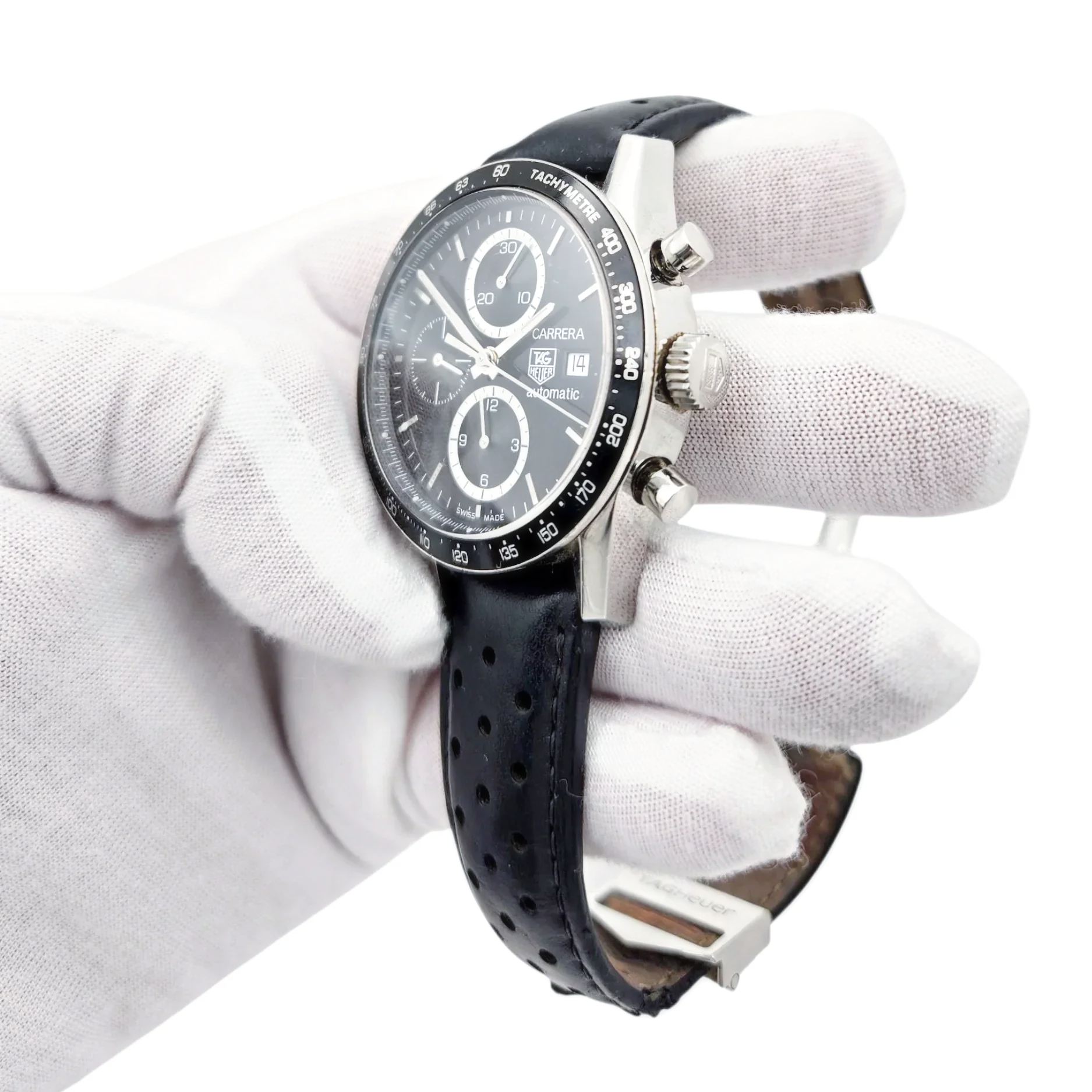 Men's TAG Heuer Carrera 42mm Juan Manuel Fangio Automatic Stainless Steel Watch with Leather Strap and Black Dial. (Pre-Owned)