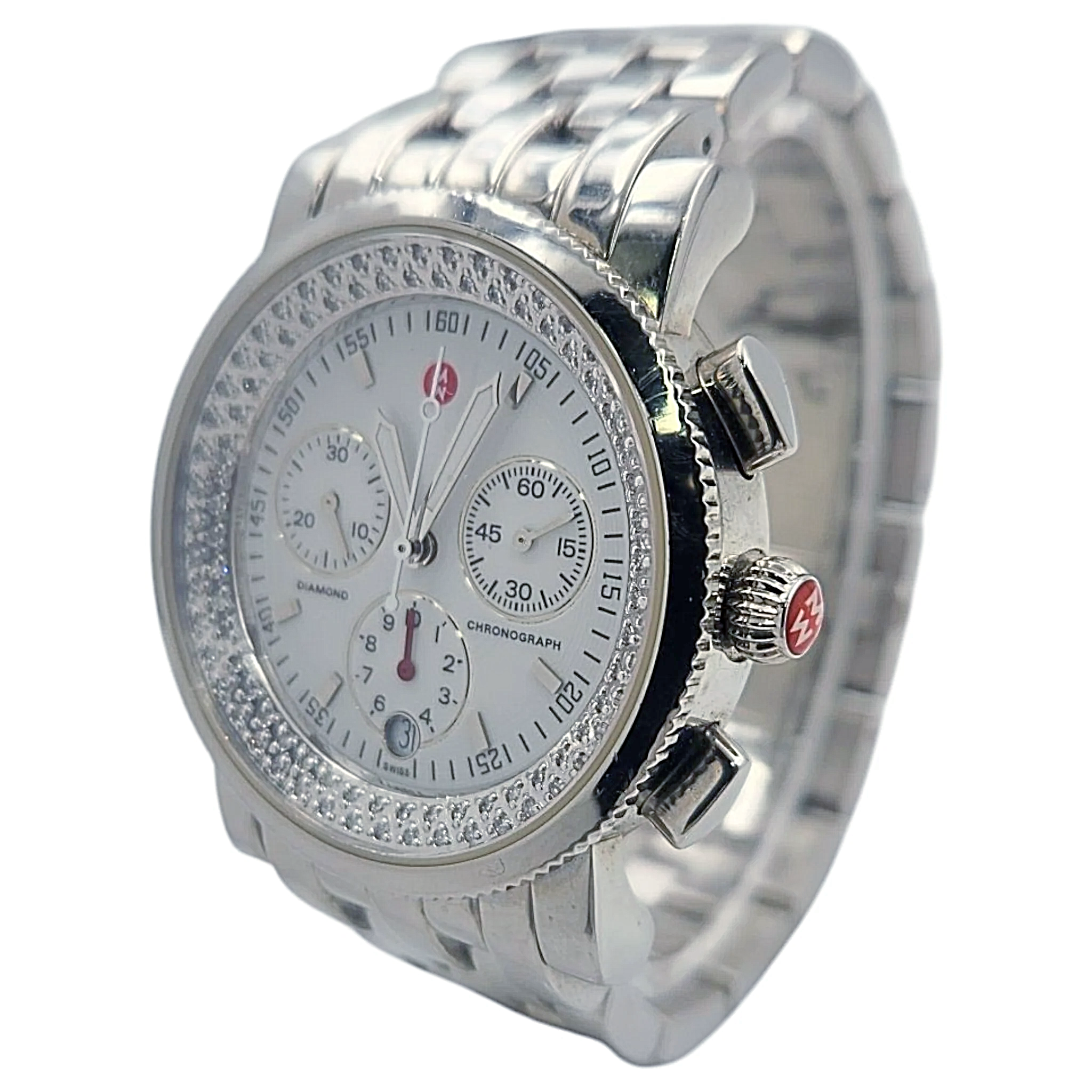 Ladies Michele 38mm Sport Sail Stainless Steel Wristwatch with White Dial & Diamond Inner Bezel. (Pre-Owned)