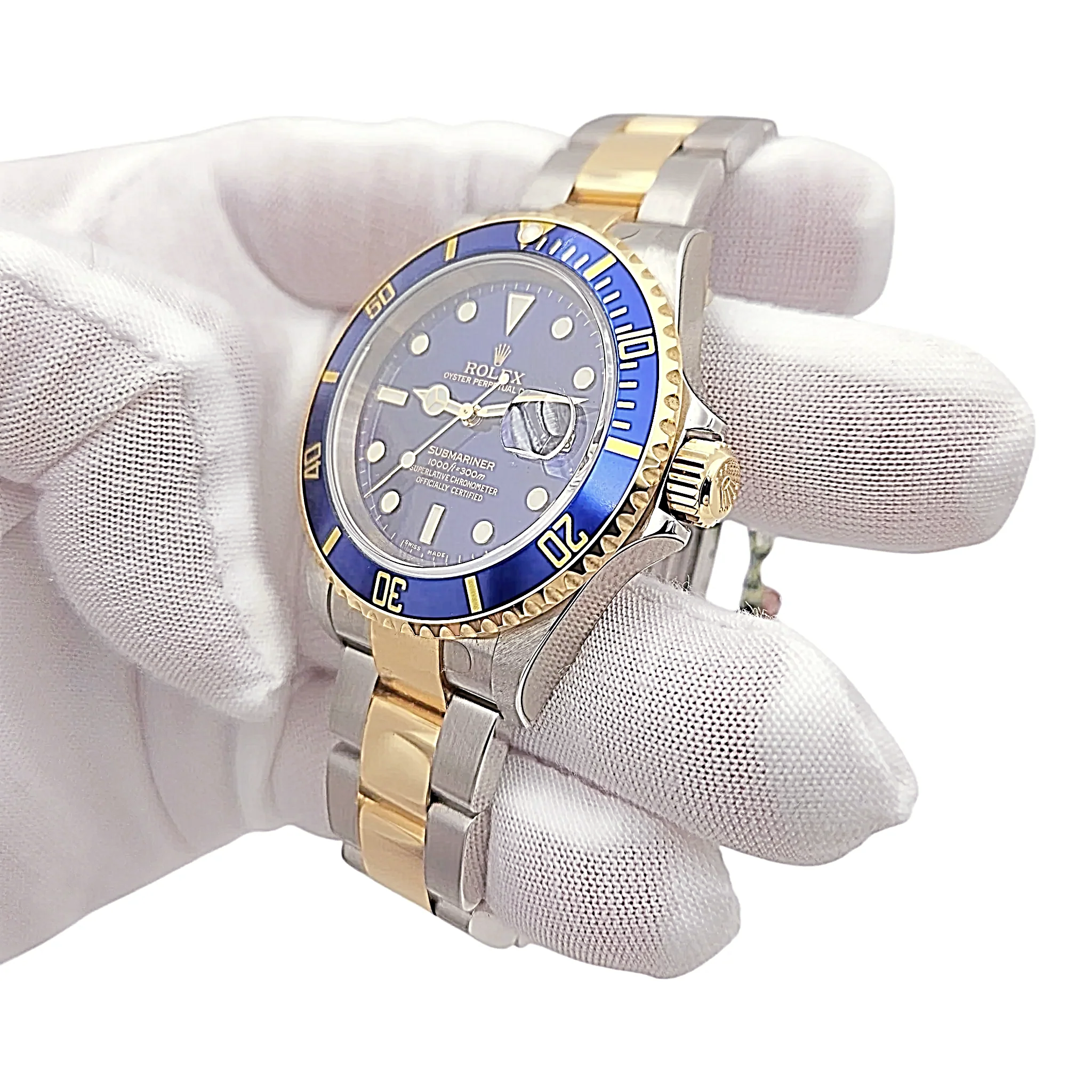 2005 Men's Rolex 40mm Submariner Oyster Perpetual Two Tone 18K Yellow Gold / Stainless Steel Watch with Blue Dial and Blue Bezel. (UNWORN 16613)