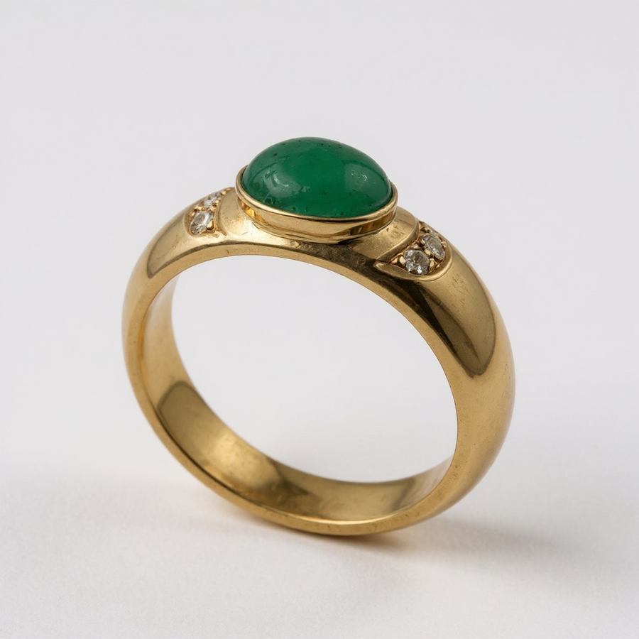Estate Jewelry 18K Yellow Gold with Ring With Emerald 1.20 Ct and 6 Round Diamonds 0.12 Total Carat Weight. (Size 9.00)
