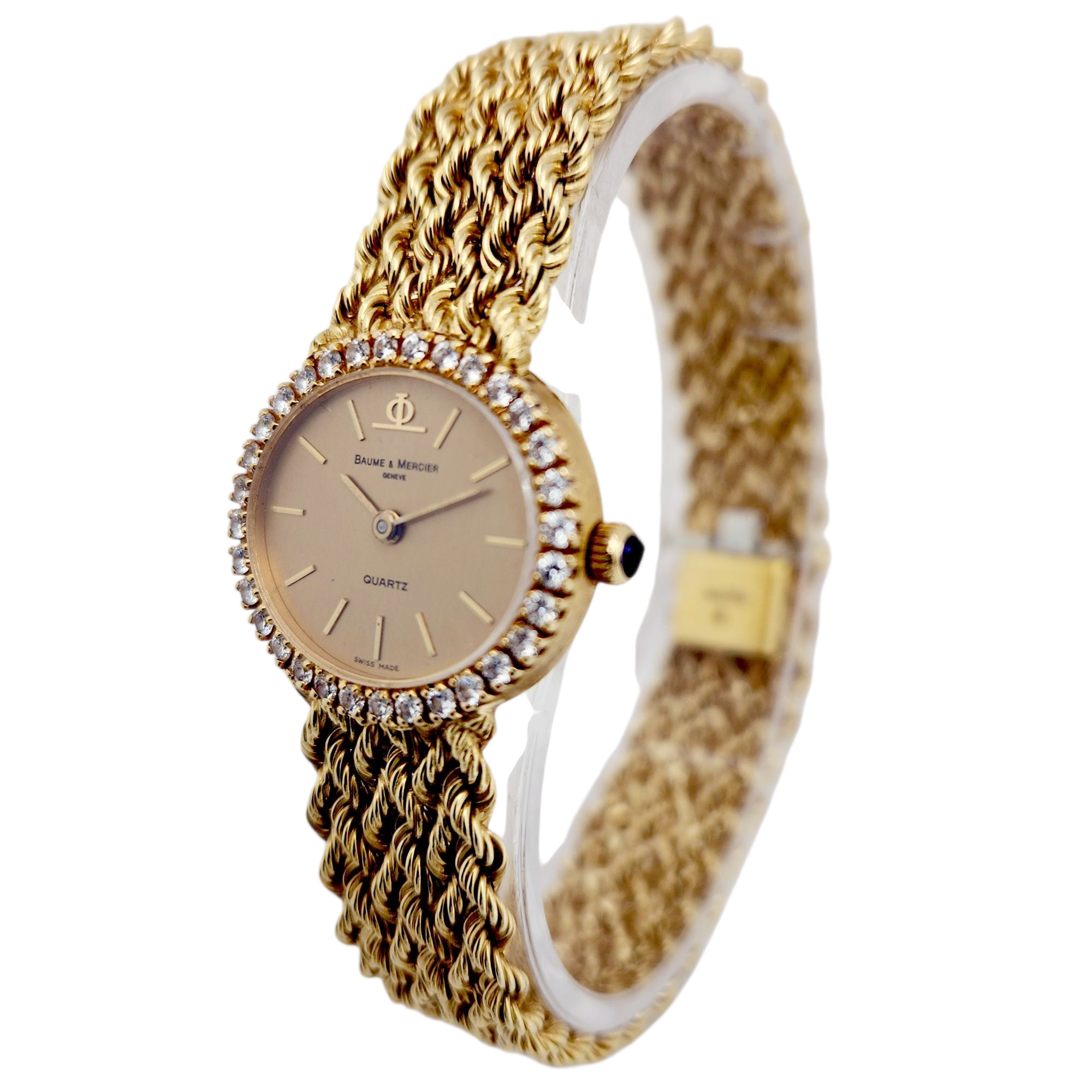 Ladies Baume & Mercier 24mm Vintage 18K Yellow Gold Watch with Gold Dial and Diamond Bezel. (Pre-Owned)