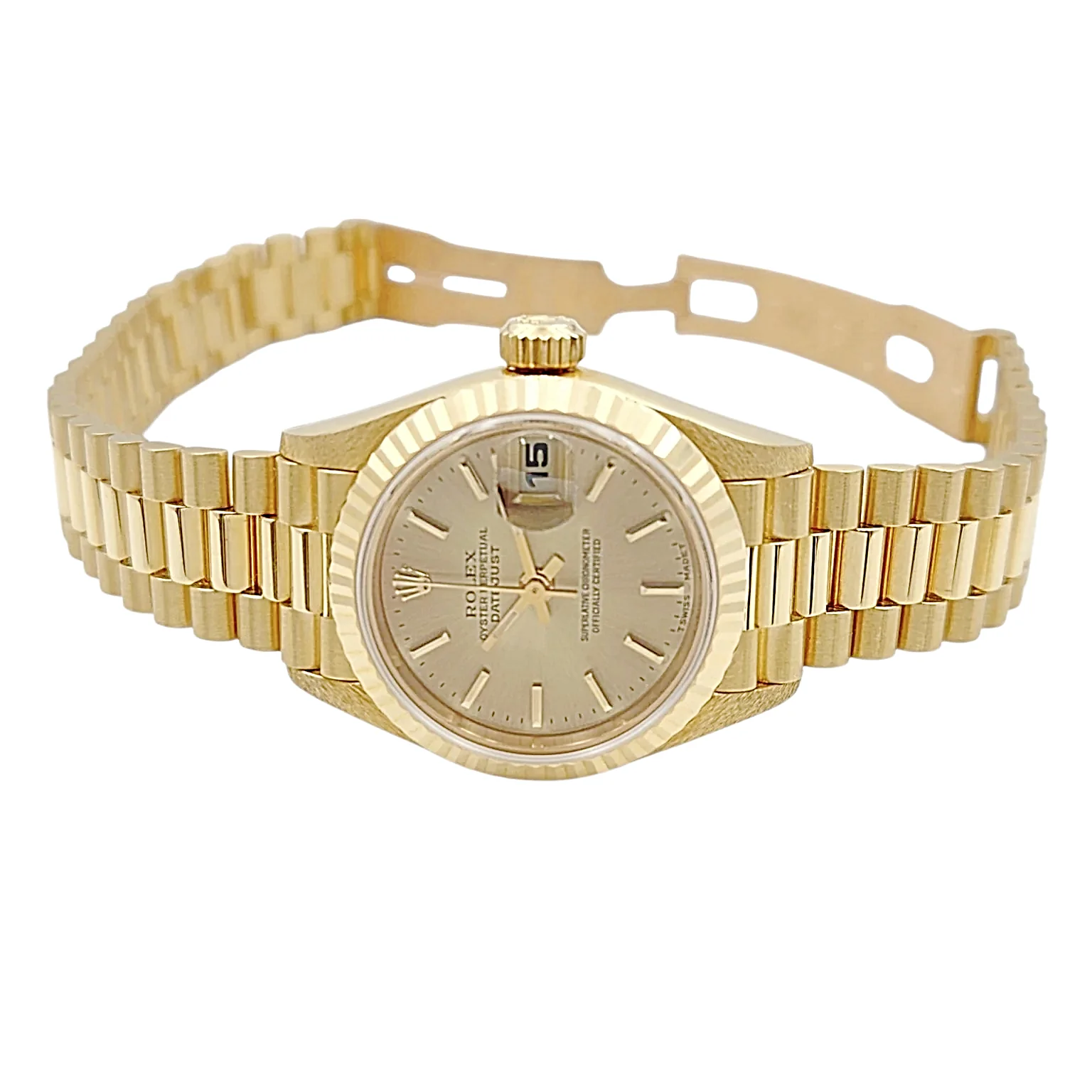 Ladies Rolex 26mm Presidential 18K Solid Yellow Gold Watch with Champagne Dial and Fluted Bezel. (UNWORN 69178)