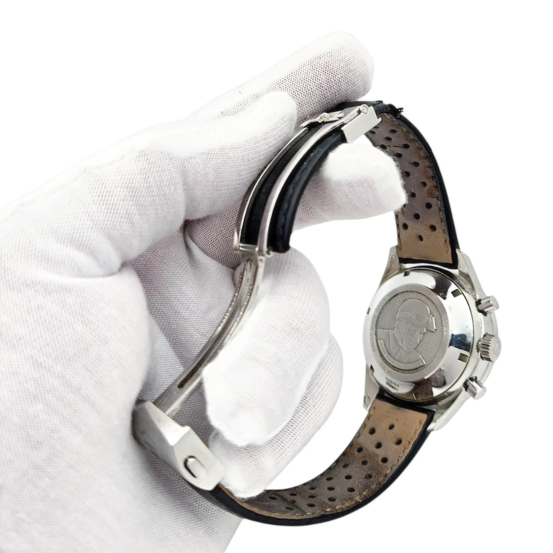 Men's TAG Heuer Carrera 42mm Juan Manuel Fangio Automatic Stainless Steel Watch with Leather Strap and Black Dial. (Pre-Owned)