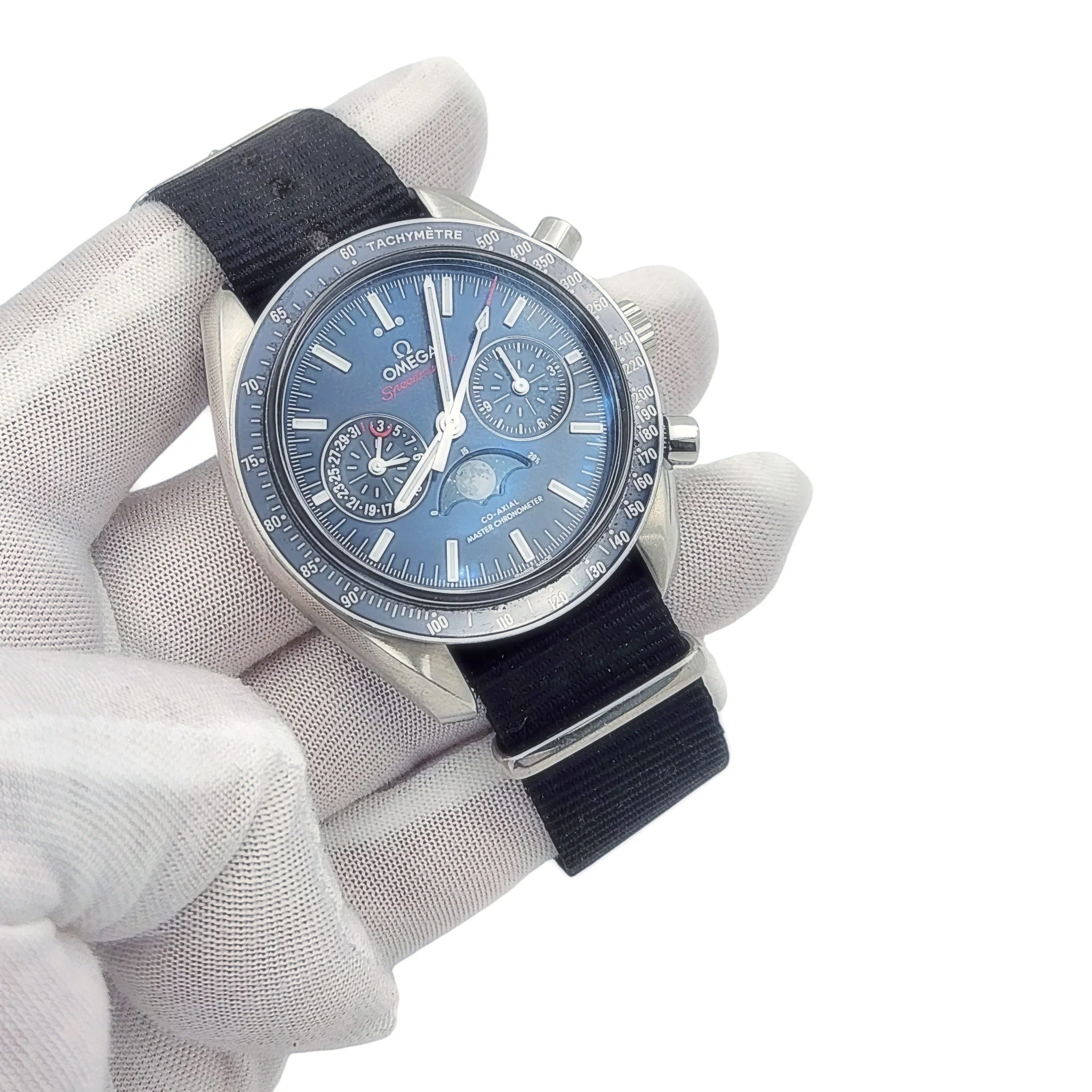 Men's Omega 44mm Speedmaster Moonphase Automatic Steel Watch with Blue Luminous Dial. (Pre-Owned Box/Card)