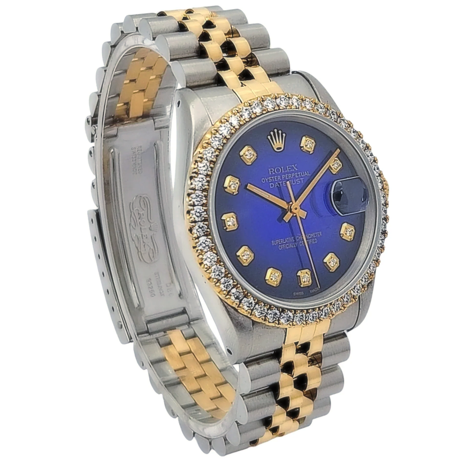 Men's Rolex 36mm DateJust Two Tone 18K Yellow Gold / Stainless Steel Watch with Blue Diamond Dial and Diamond Bezel. (Pre-Owned 16233)