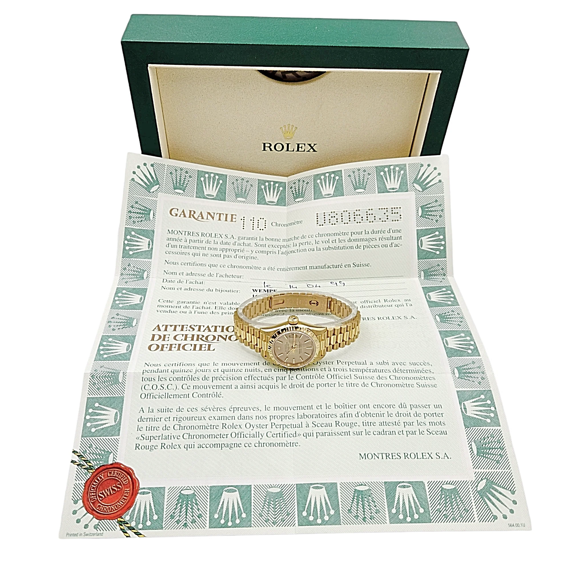 Ladies Rolex 26mm Presidential 18K Solid Yellow Gold Watch with Champagne Dial and Fluted Bezel. (UNWORN 69178)