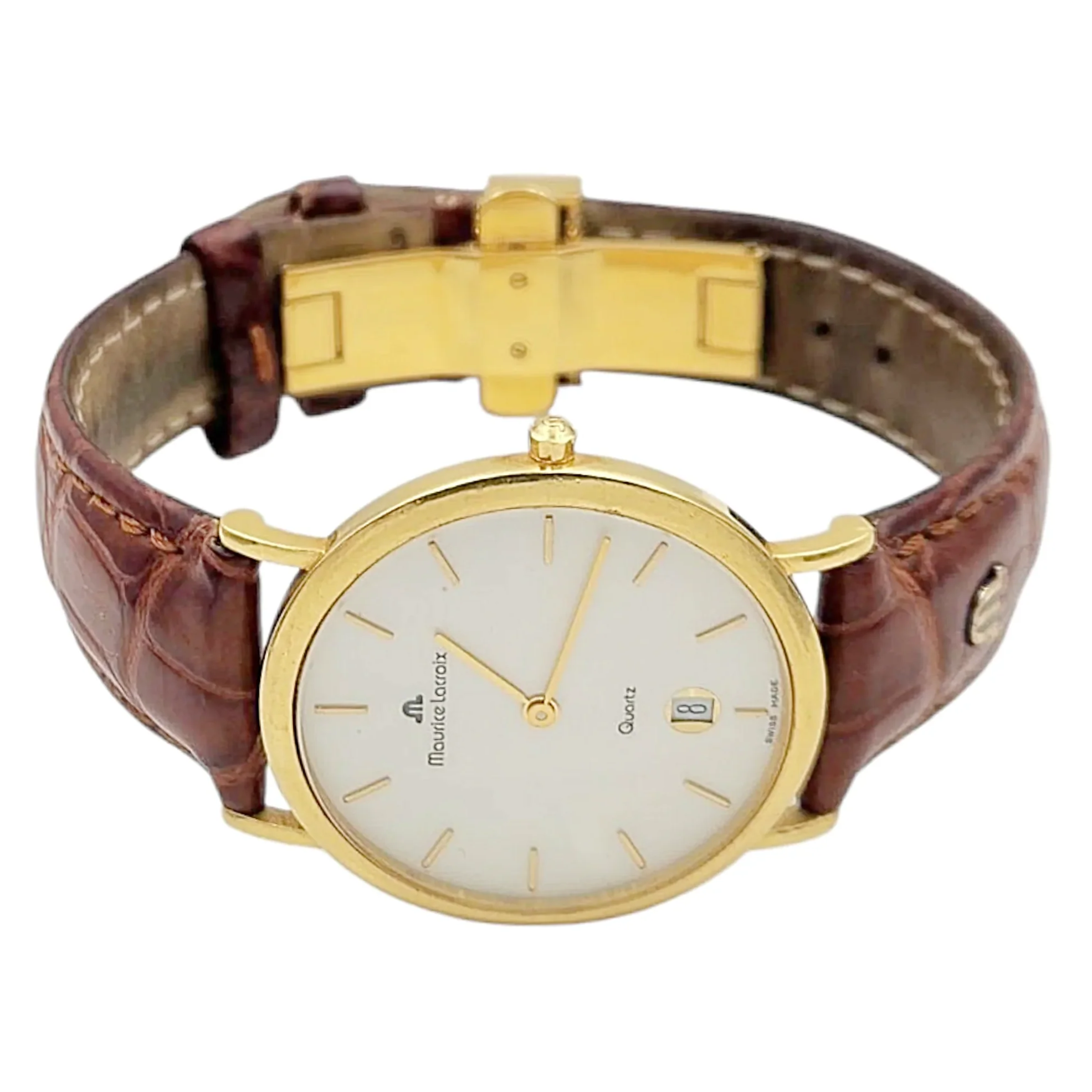 Men's Maurice Lacroix 34mm Vintage 18K Yellow Gold Case Watch with Brown Leather and White Dial. (Pre-Owned 2106)