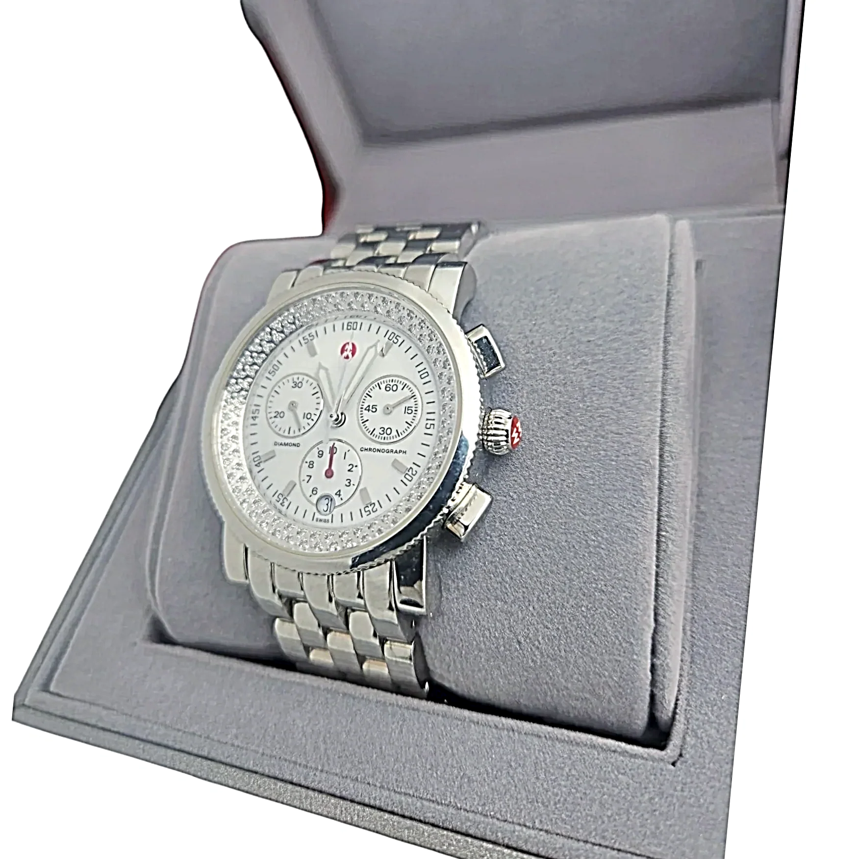 Ladies Michele 38mm Sport Sail Stainless Steel Wristwatch with White Dial & Diamond Inner Bezel. (Pre-Owned)