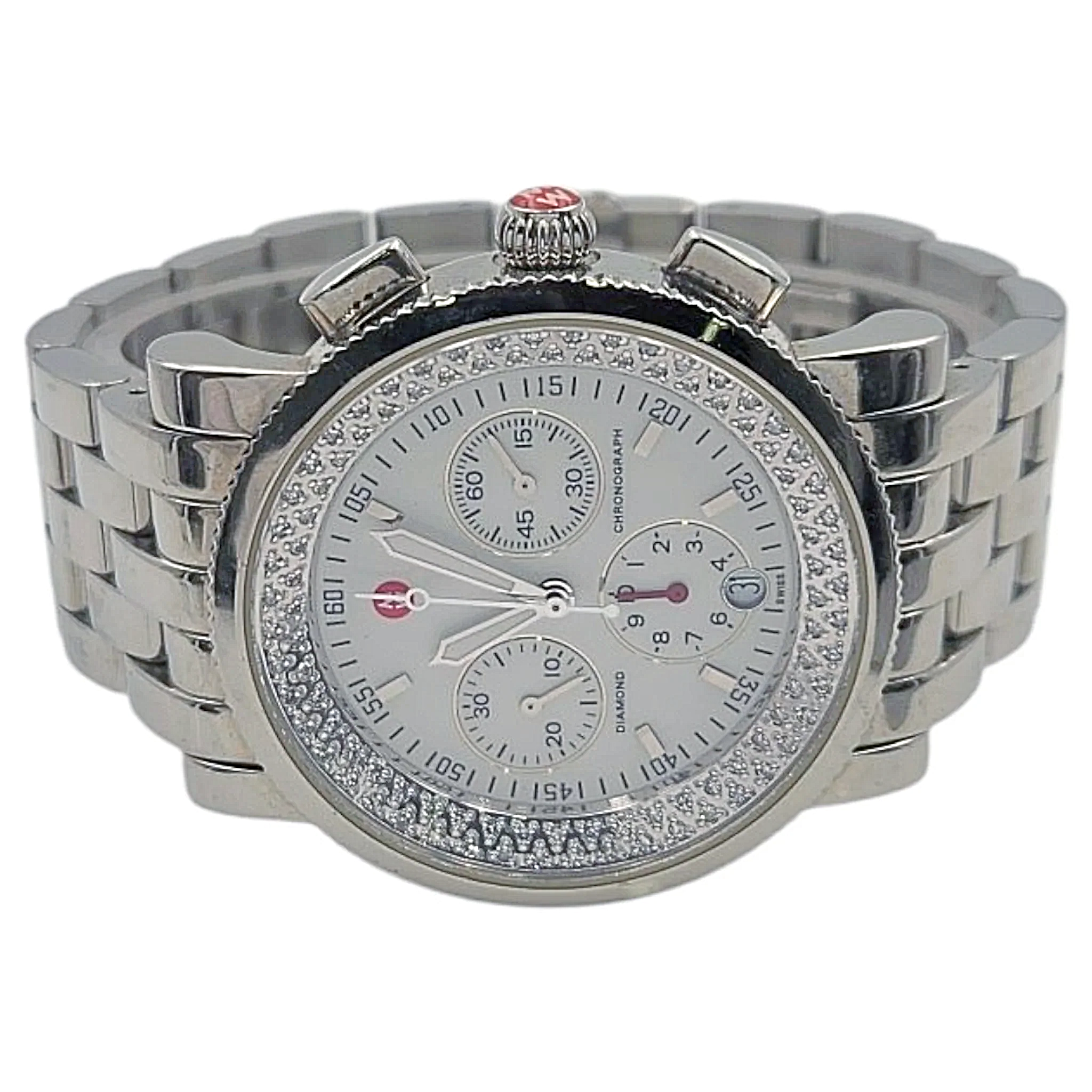 Ladies Michele 38mm Sport Sail Stainless Steel Wristwatch with White Dial & Diamond Inner Bezel. (Pre-Owned)
