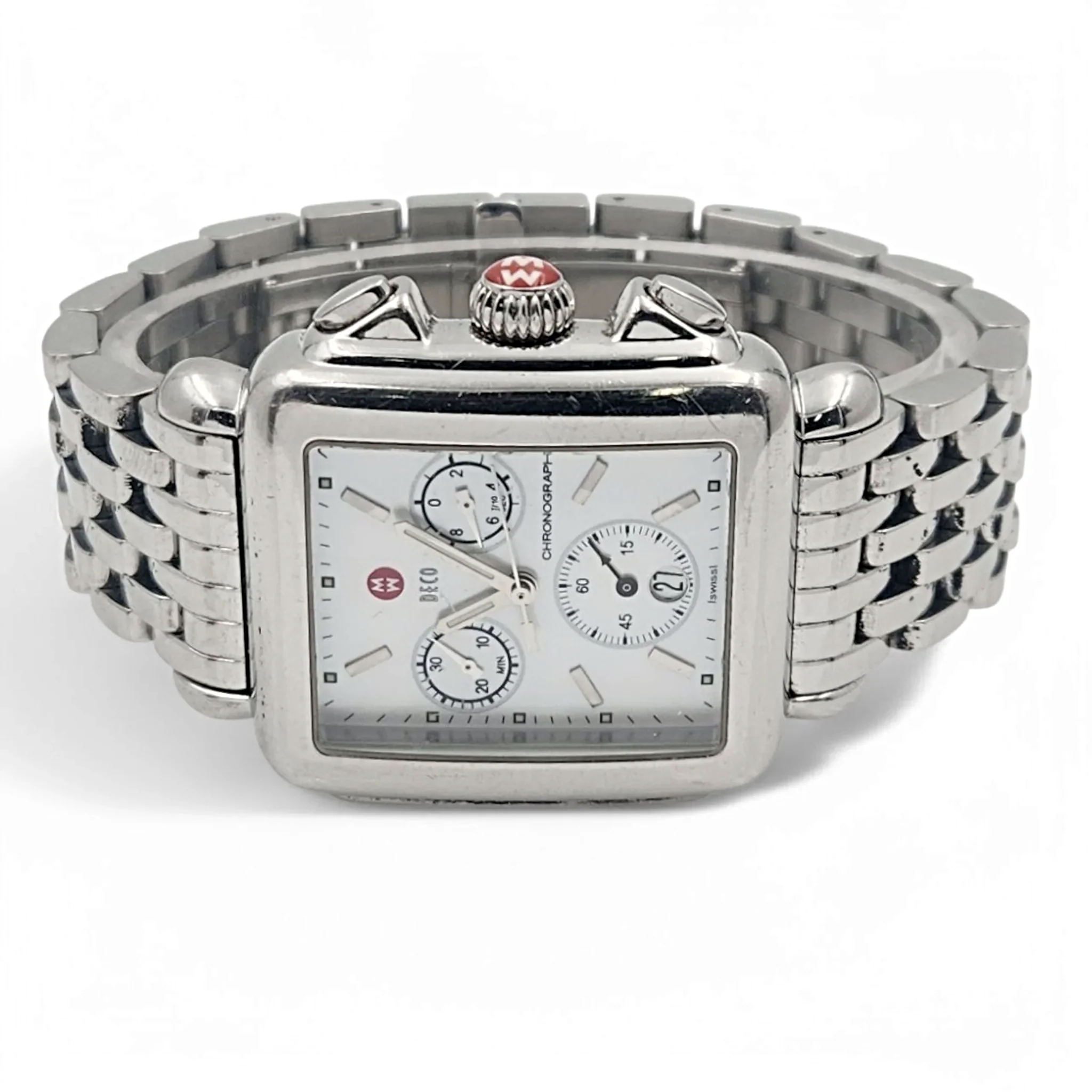 Ladies Michele Deco 33mm Stainless Steel Watch with Mother of Pearl Chronograph Dial. (Pre-Owned)