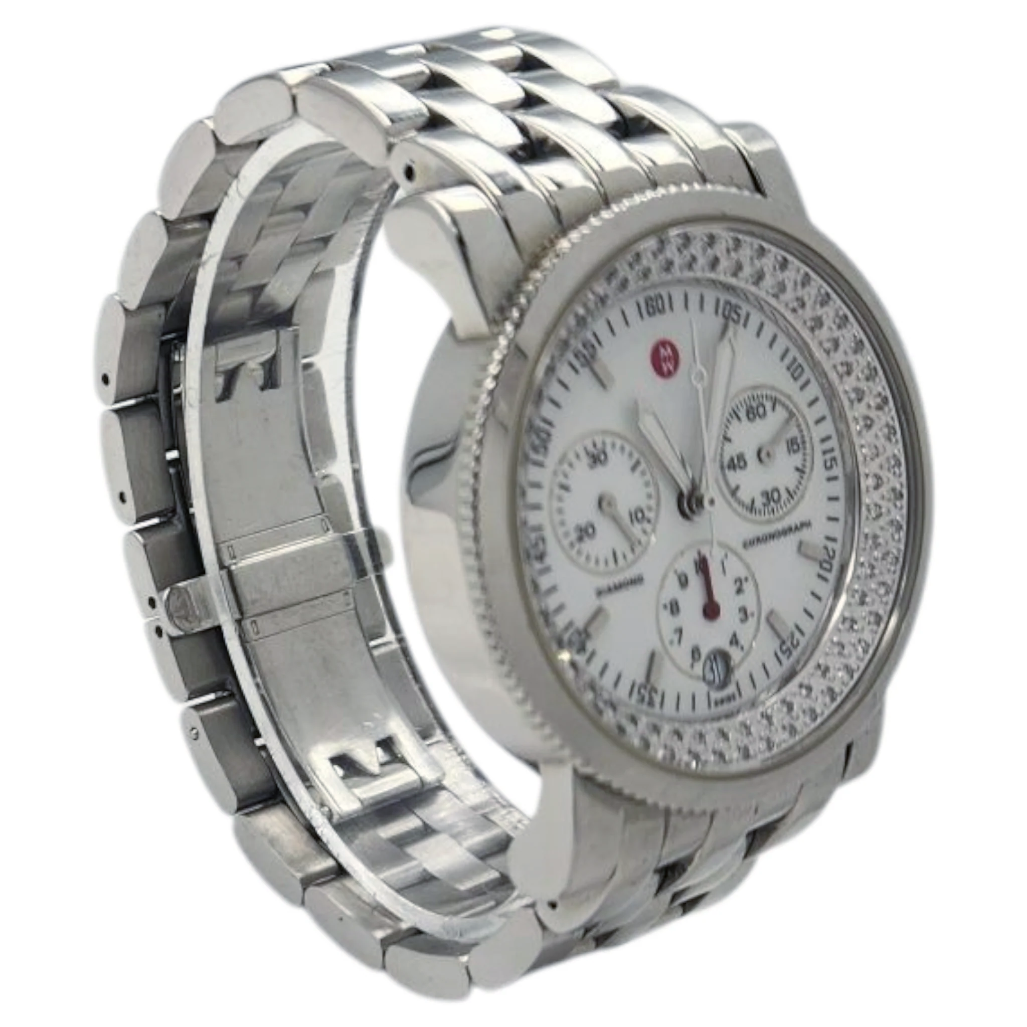 Ladies Michele 38mm Sport Sail Stainless Steel Wristwatch with White Dial & Diamond Inner Bezel. (Pre-Owned)