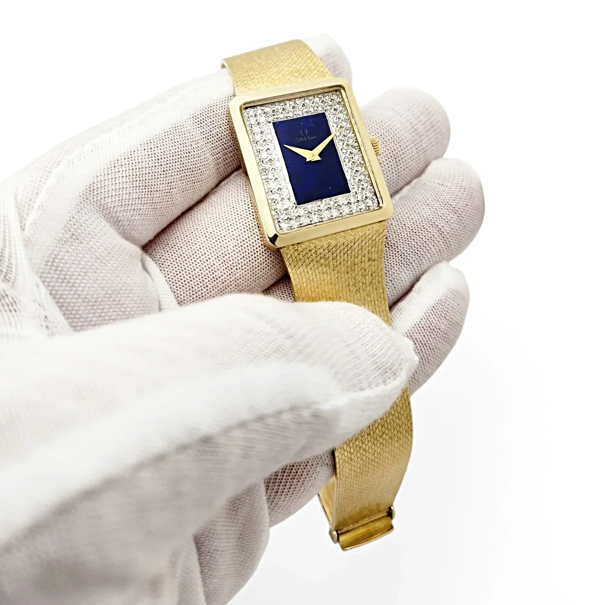 Unisex Omega Vintage 14K Yellow Gold Watch with Diamond Blue Texture and Dial. (Pre-Owned)