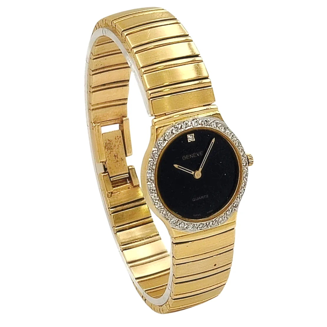 Ladies Geneve 24mm Vintage 14K Yellow Gold Watch with Black Diamond Dial and Diamond Bezel. (Pre-Owned)