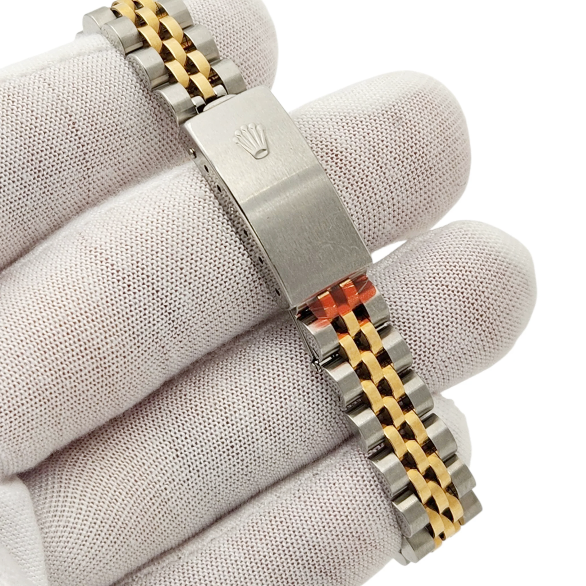 Ladies Rolex 26mm Datejust Two Tone 18K Yellow Gold / Stainless Steel Watch with Ivory Pyramid Dial and Fluted Bezel. (UNWORN 69173)