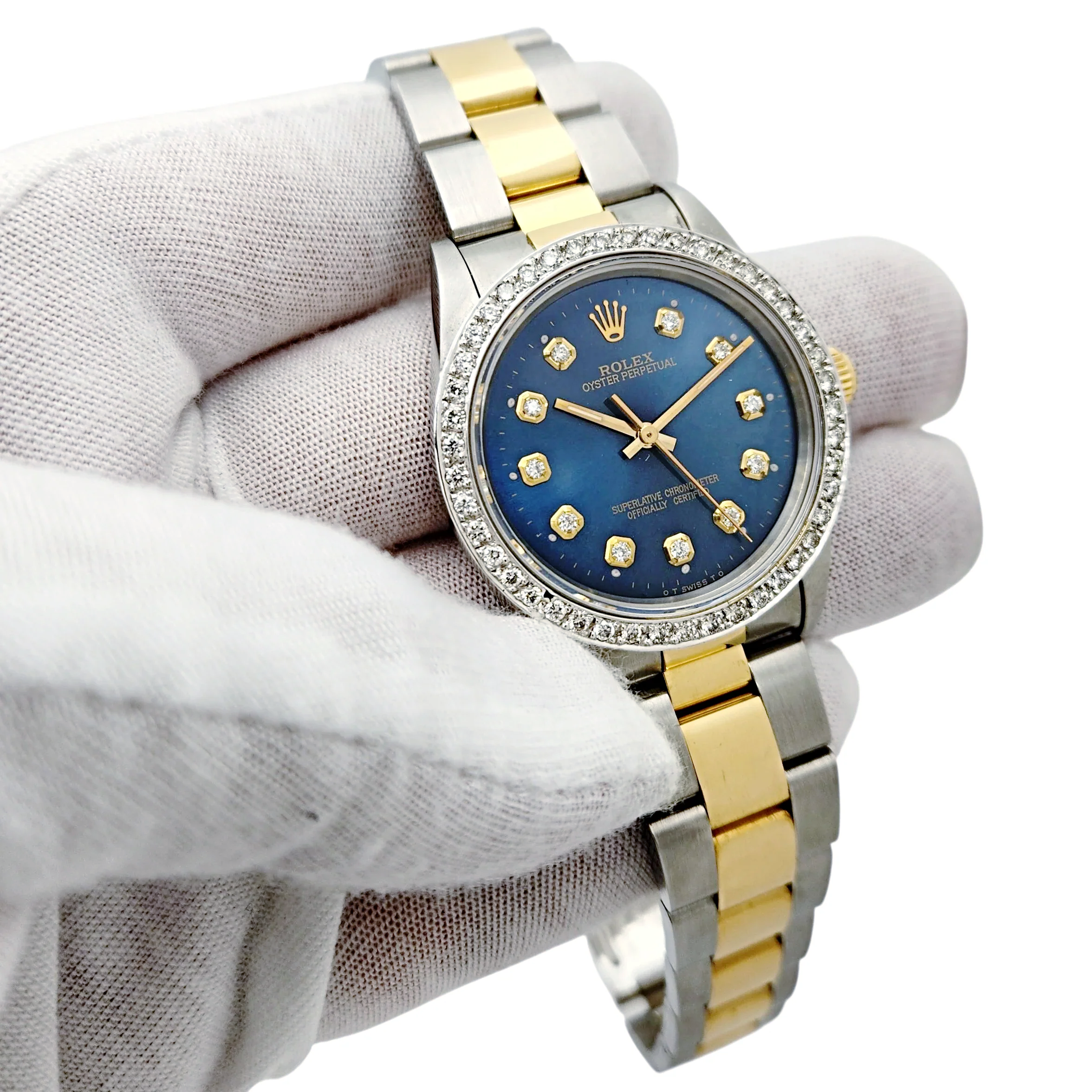 1994 Men's Rolex 36mm Oyster Perpetual Two Tone 18K Yellow Gold / Stainless Steel Watch with Blue Diamond Dial and Diamond Bezel. (Pre-Owned 14233)