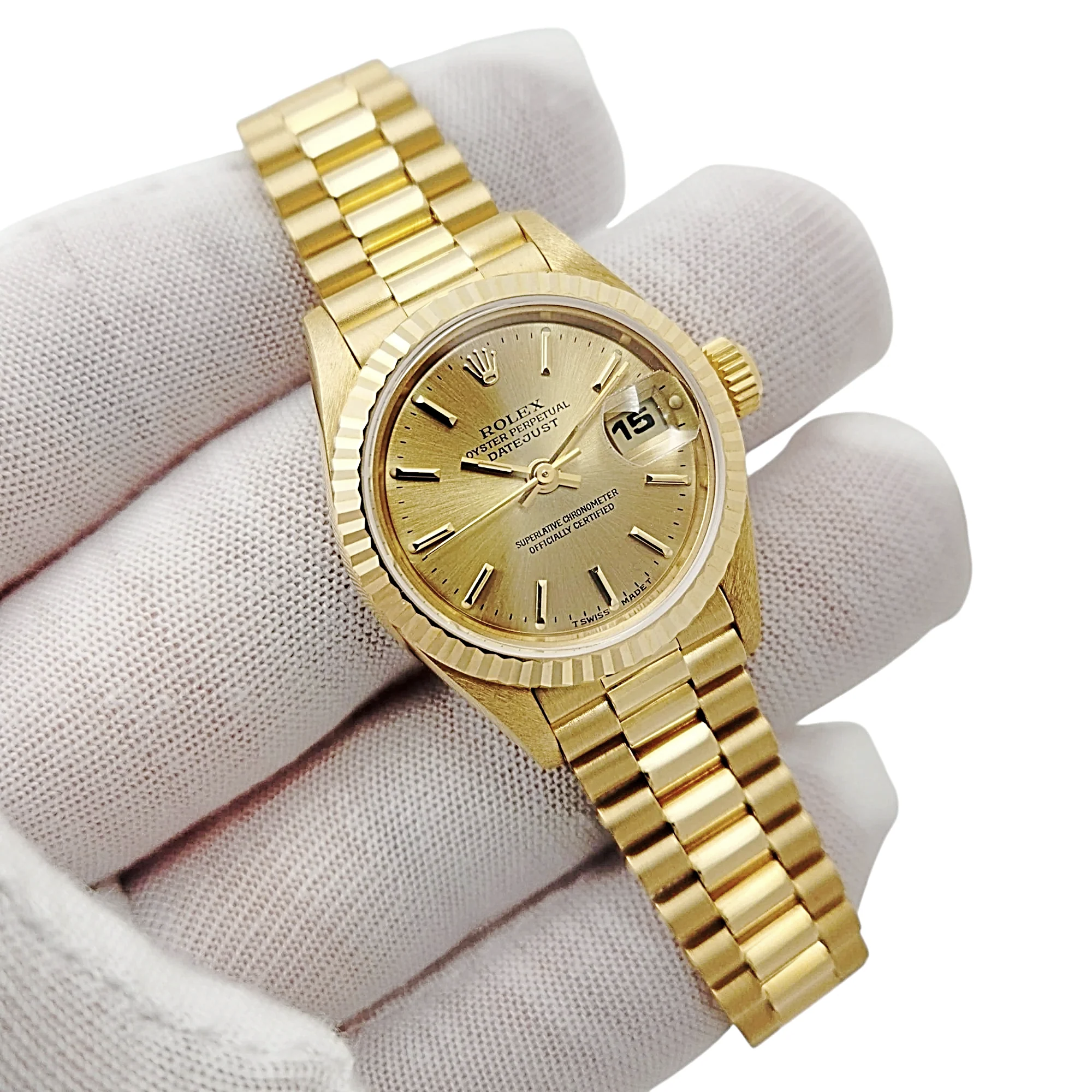 Ladies Rolex 26mm Presidential 18K Solid Yellow Gold Watch with Champagne Dial and Fluted Bezel. (UNWORN 69178)