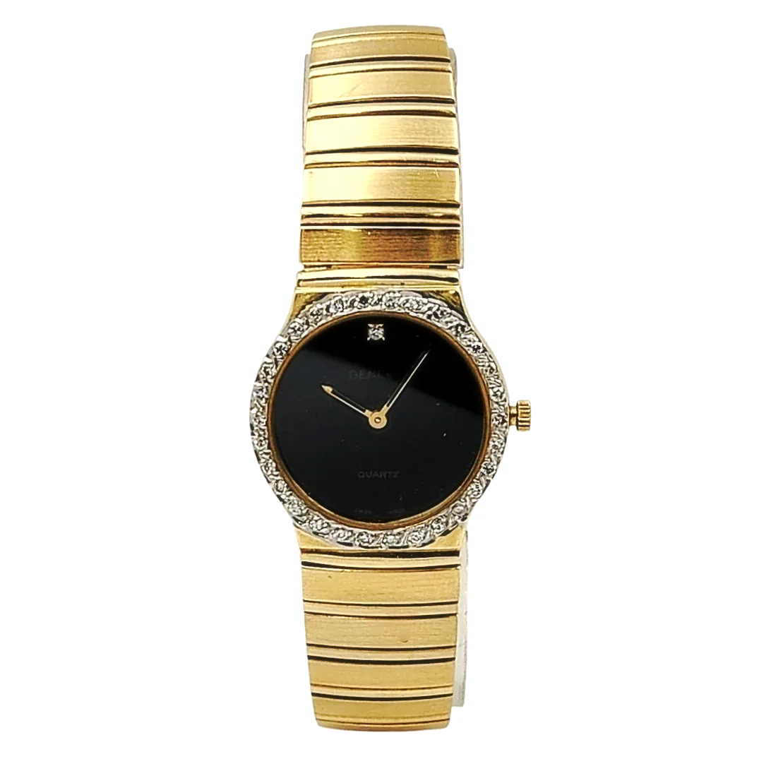 Ladies Geneve 24mm Vintage 14K Yellow Gold Watch with Black Diamond Dial and Diamond Bezel. (Pre-Owned)