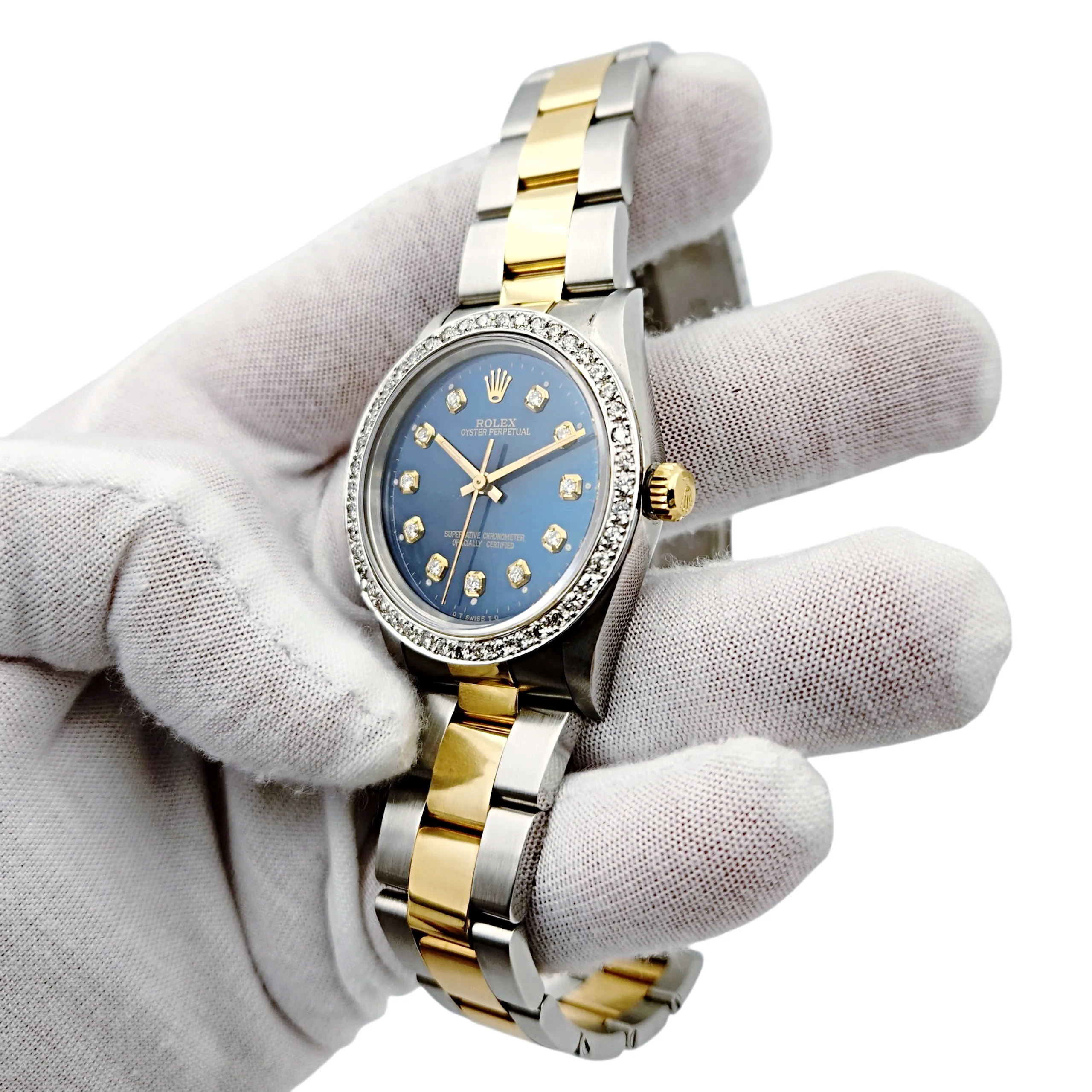 1994 Men's Rolex 36mm Oyster Perpetual Two Tone 18K Yellow Gold / Stainless Steel Watch with Blue Diamond Dial and Diamond Bezel. (Pre-Owned 14233)
