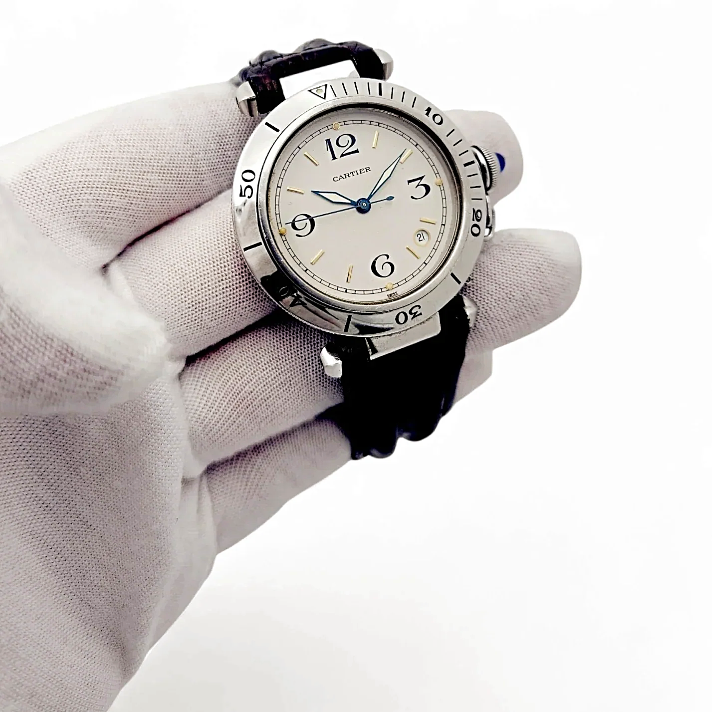 Unisex Cartier Pasha 38mm Arabic Numeral Automatic Watch with Brown Leather Strap and Ivory Dial. (Pre-Owned)