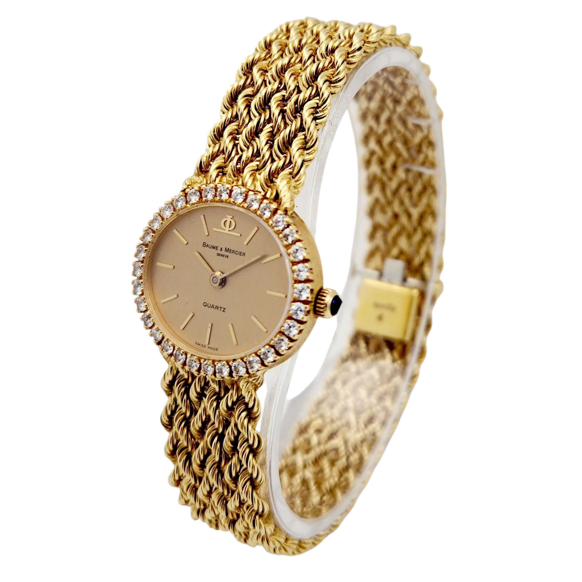 Ladies Baume & Mercier 24mm Vintage 18K Yellow Gold Watch with Gold Dial and Diamond Bezel. (Pre-Owned)