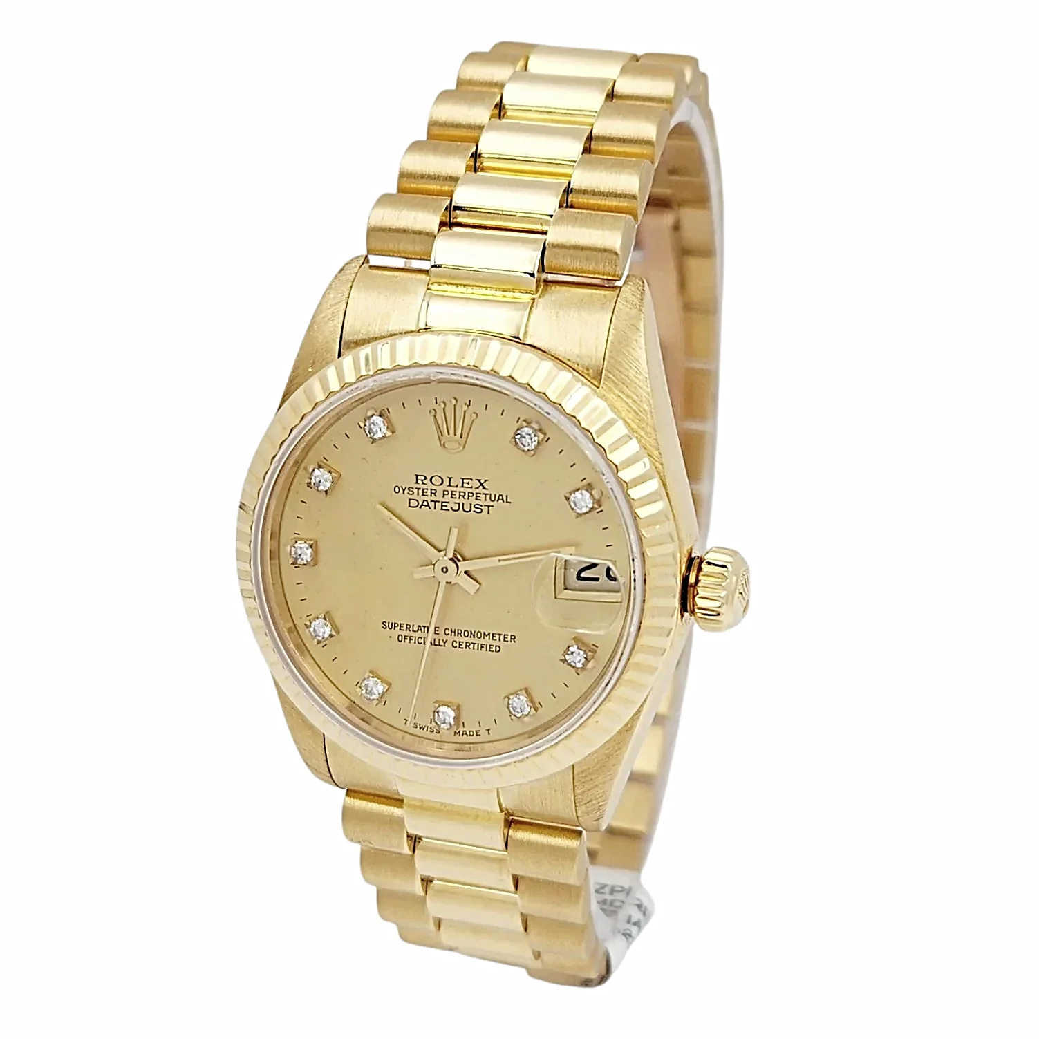 Ladies Rolex Midsize 31mm DateJust 18K Yellow Gold Watch with Diamond Champagne Dial and Fluted Bezel. (Pre-Owned 68278)