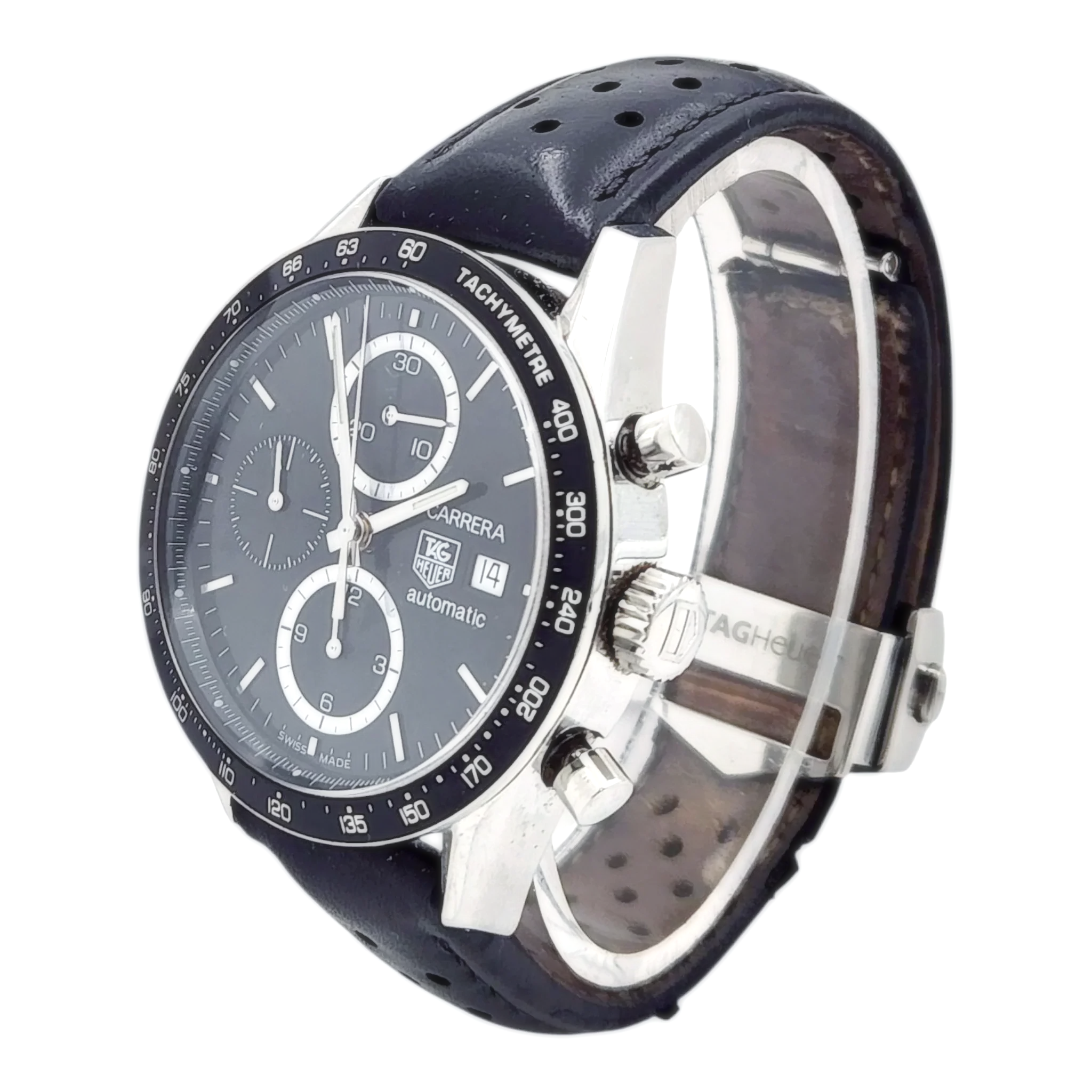 Men's TAG Heuer Carrera 42mm Juan Manuel Fangio Automatic Stainless Steel Watch with Leather Strap and Black Dial. (Pre-Owned)