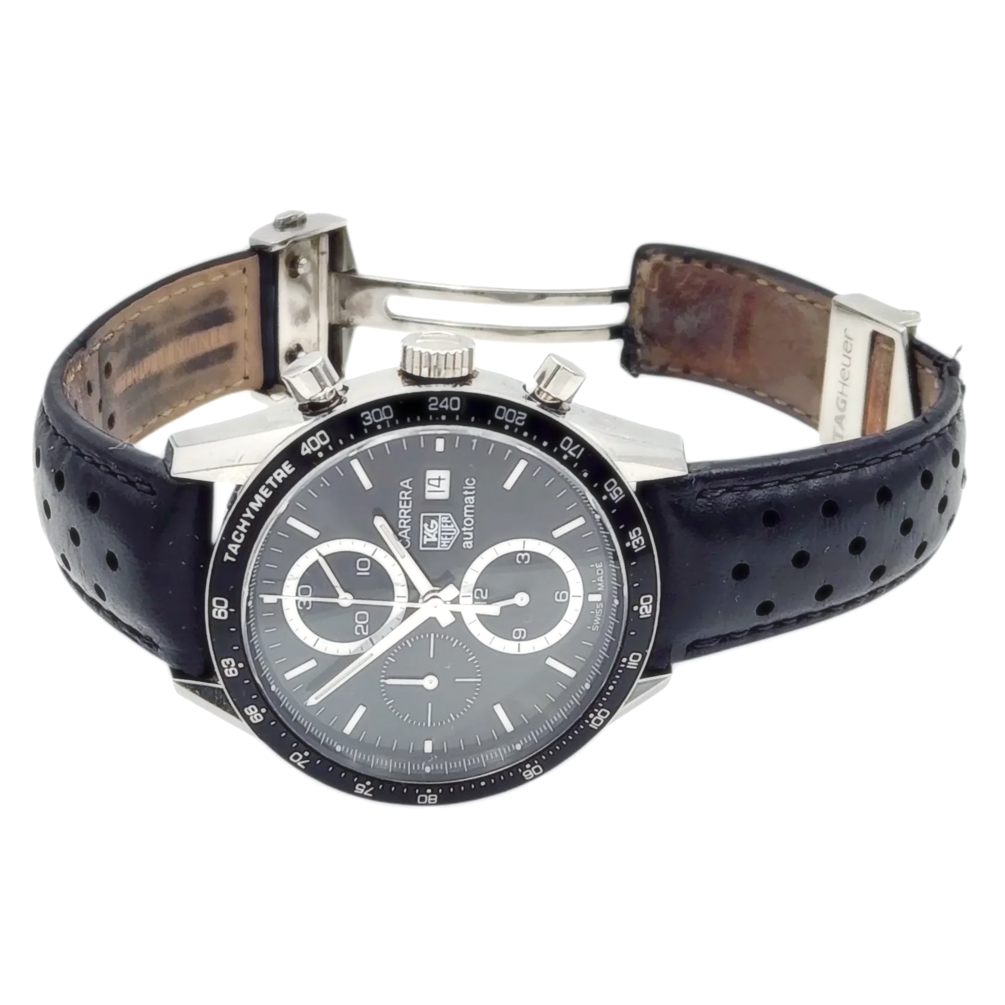 Men's TAG Heuer Carrera 42mm Juan Manuel Fangio Automatic Stainless Steel Watch with Leather Strap and Black Dial. (Pre-Owned)