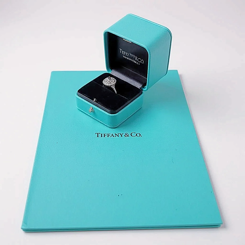 Tiffany & Co. Cathedral Setting "Tiffany Soleste" Platinum Cushion Cut Diamond Double Halo 2.60 ct, F Color, VS1 Clarity Engagement Ring. (Pre-Owned)