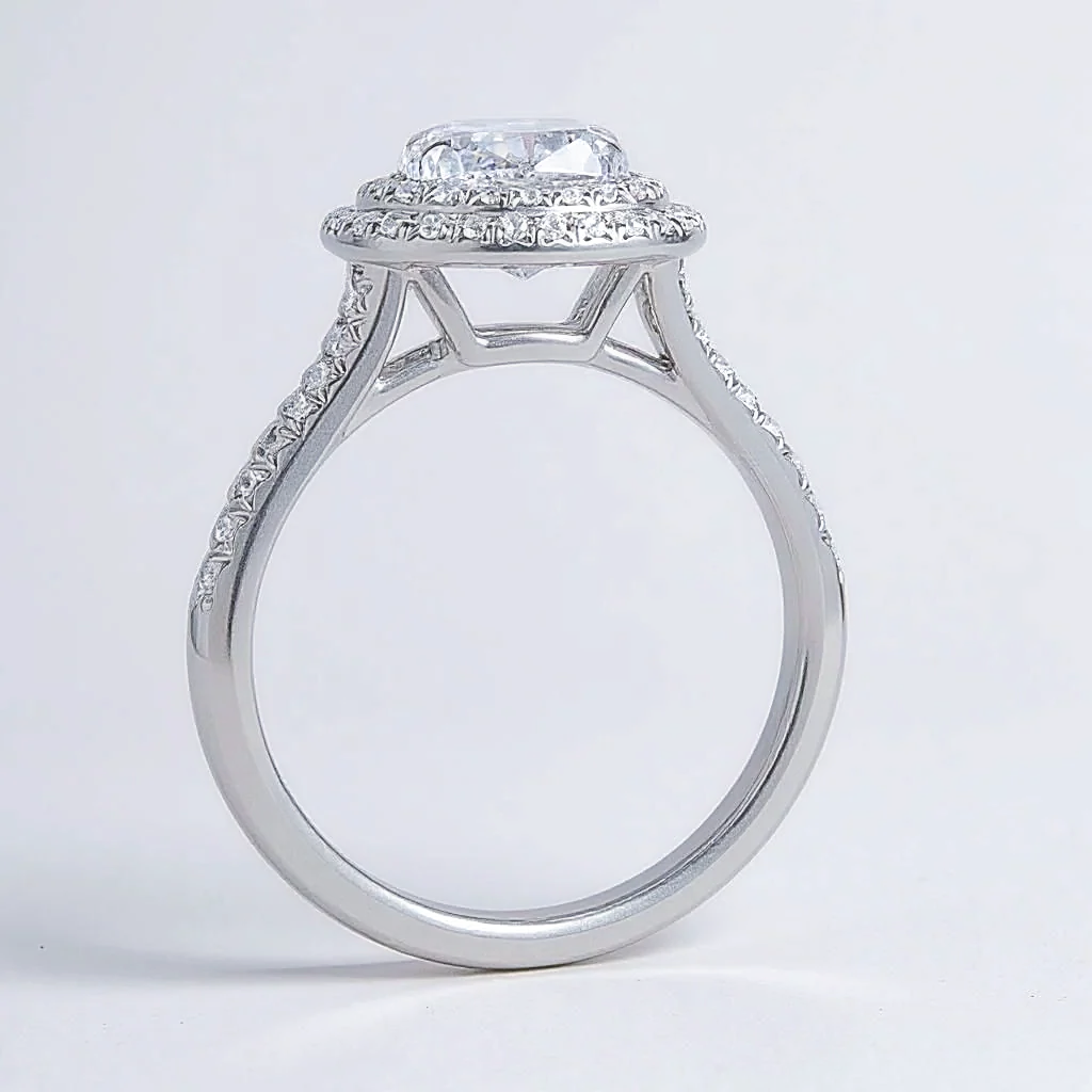 Tiffany & Co. Cathedral Setting "Tiffany Soleste" Platinum Cushion Cut Diamond Double Halo 2.60 ct, F Color, VS1 Clarity Engagement Ring