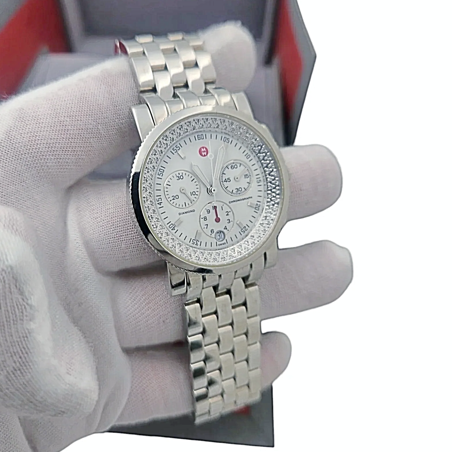 Ladies Michele 38mm Sport Sail Stainless Steel Wristwatch with White Dial & Diamond Inner Bezel. (Pre-Owned)