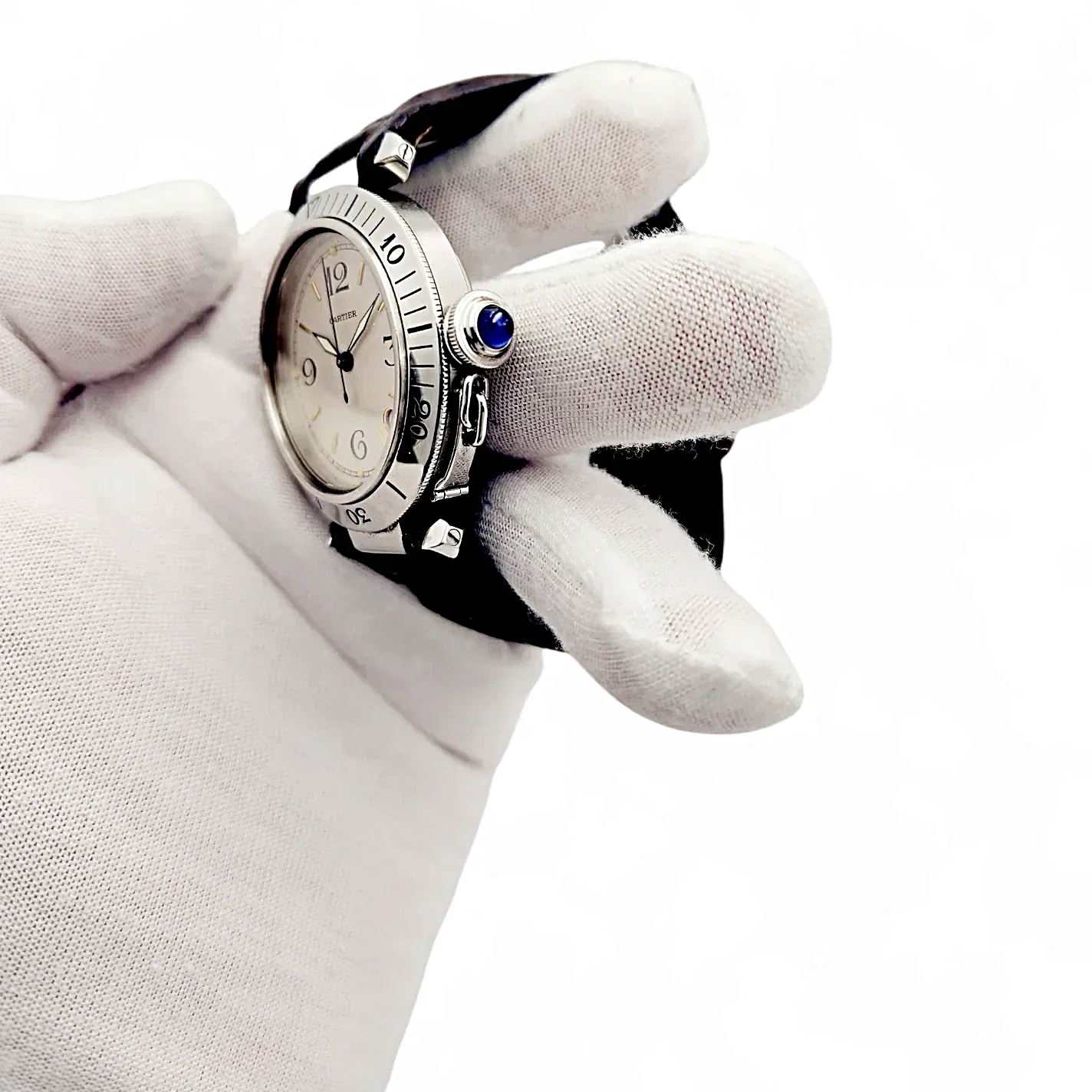 Unisex Cartier Pasha 38mm Arabic Numeral Automatic Watch with Brown Leather Strap and Ivory Dial. (Pre-Owned)